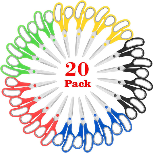 Scissors Bulk 20-Pack, Taotree 8" All Purpose Scissors, Soft Comfort-Grip Stainless Steel Sharp Shears for School Supplies Office Desk Home, Classroom Teacher Sewing Fabric Craft, Right/Left Handed