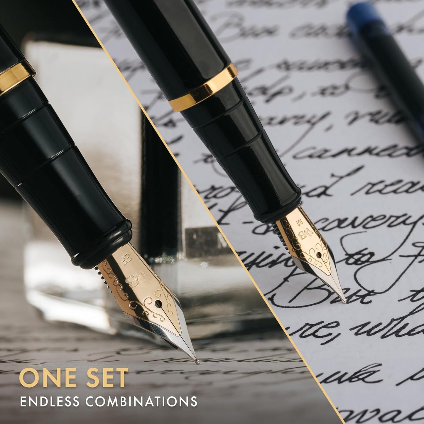 Wordsworth & Black Fountain Pen Set,18K Gilded Medium and Extra Fine Nib,25MLBlack Ink Bottle,6 Ink Cartridges,Refill Converter,Gift Box,Smooth Writing Pens [Black Gold],Gift Set for Men and Women