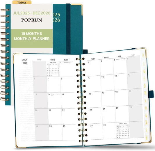 POPRUN Monthly Planner 2025-2026 Spiral Hardcover (6.25'' x 8.5''), 18 Months Calendar (Jul.2025 - Dec.2026)- 2 Pages per Month with Dotted Note Pages, Sunday Start, Laminated Tab - Pacific Green