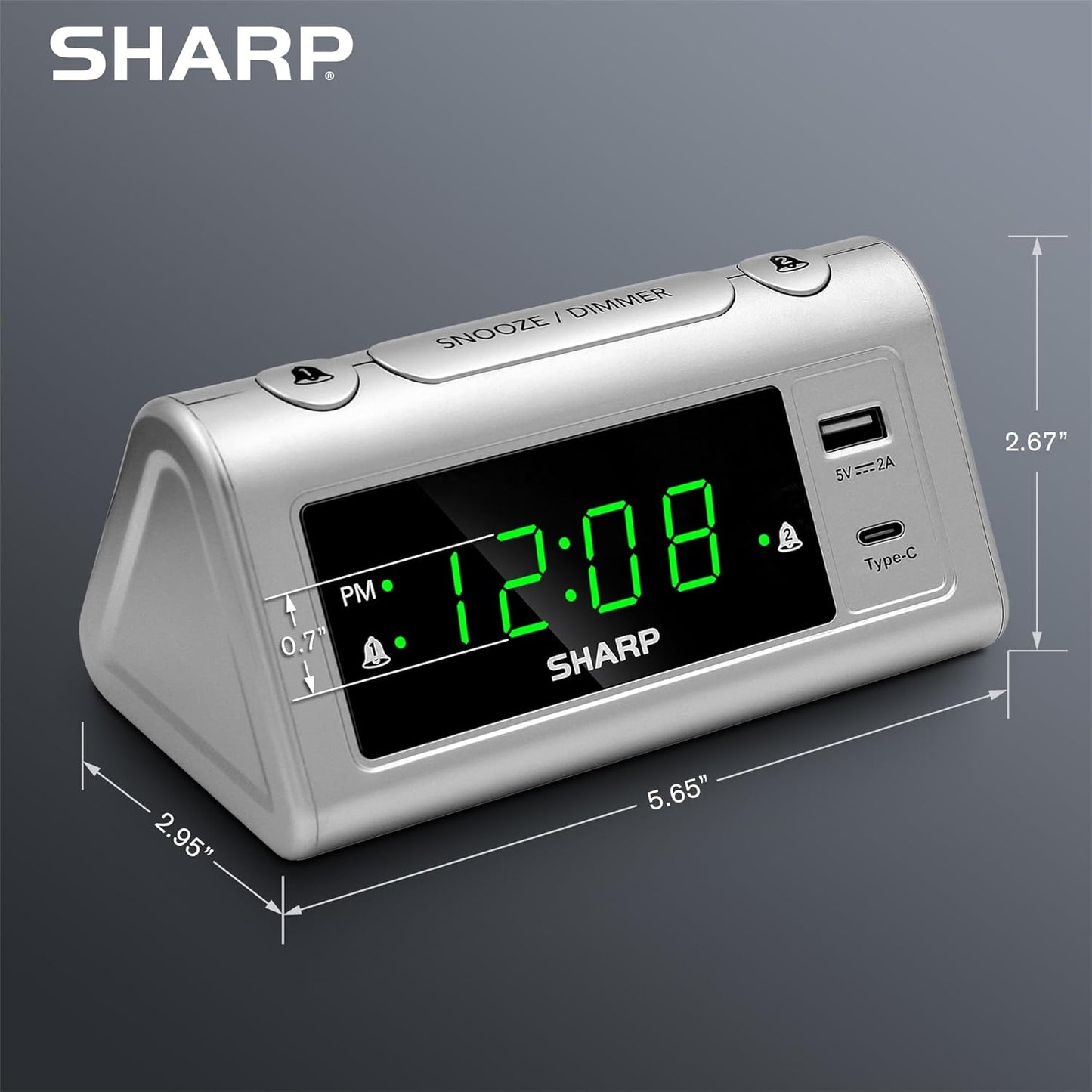 Sharp Alarm Clock for Bedrooms, Super Fast USB-C Charging and Fast 2 Amp USB Charging, 2 Alarms, 3-Step Dimmer, Snooze, Easy to Set Controls, Silver with Green LED Display