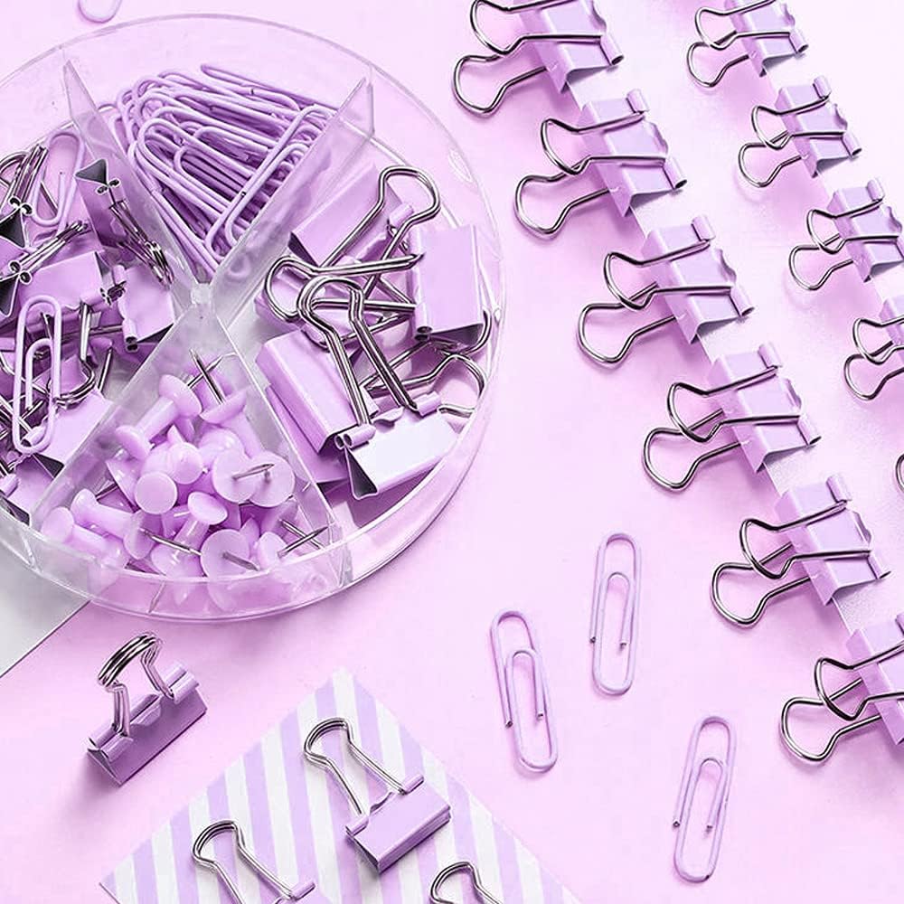 Purple Paper Clips and Binder Clips Set, 216 pcs, Metal Assorted Sized Binders with Push Pins, Cute Office Supplies for Desk, Durable Desk Accessories, 3 Pack