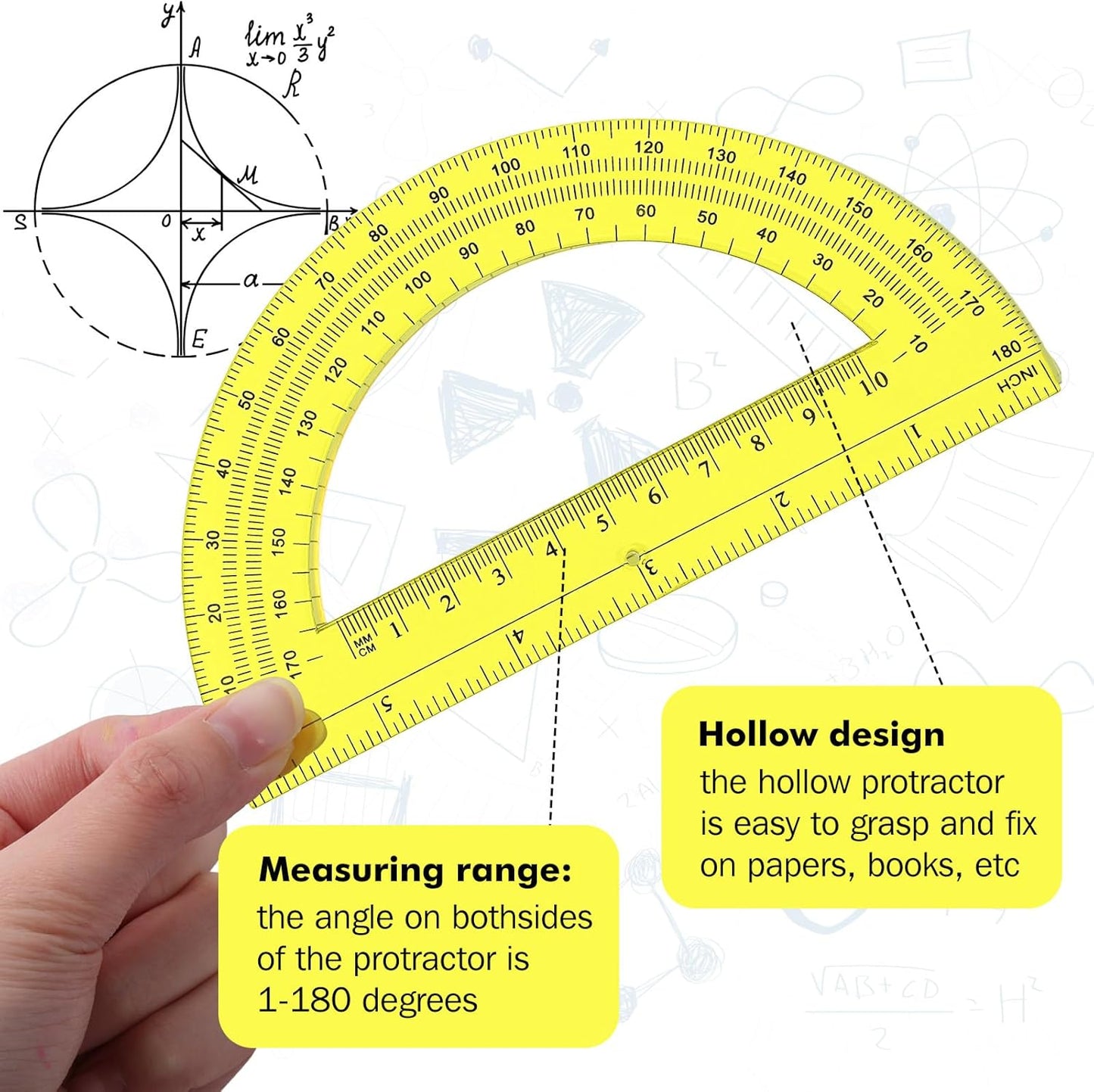 Zonon 2 Pcs 6 Inch Plastic Protractor Math Protractors 180 Degrees Angle Measurement, Translucent for Geometry Classroom Kid Student School Office Supplies(Yellow)