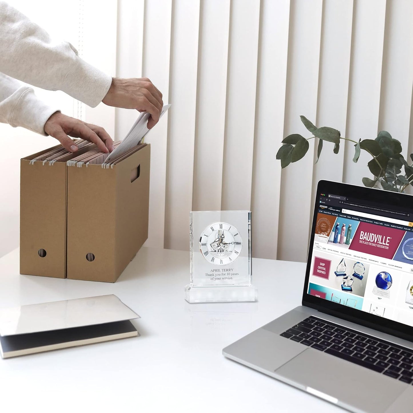 Baudville Engraved Clock Trophy - Executive Crystal - Rectangular Shaped on a Rectangular Base - Silver Inset Time Piece (Silver)