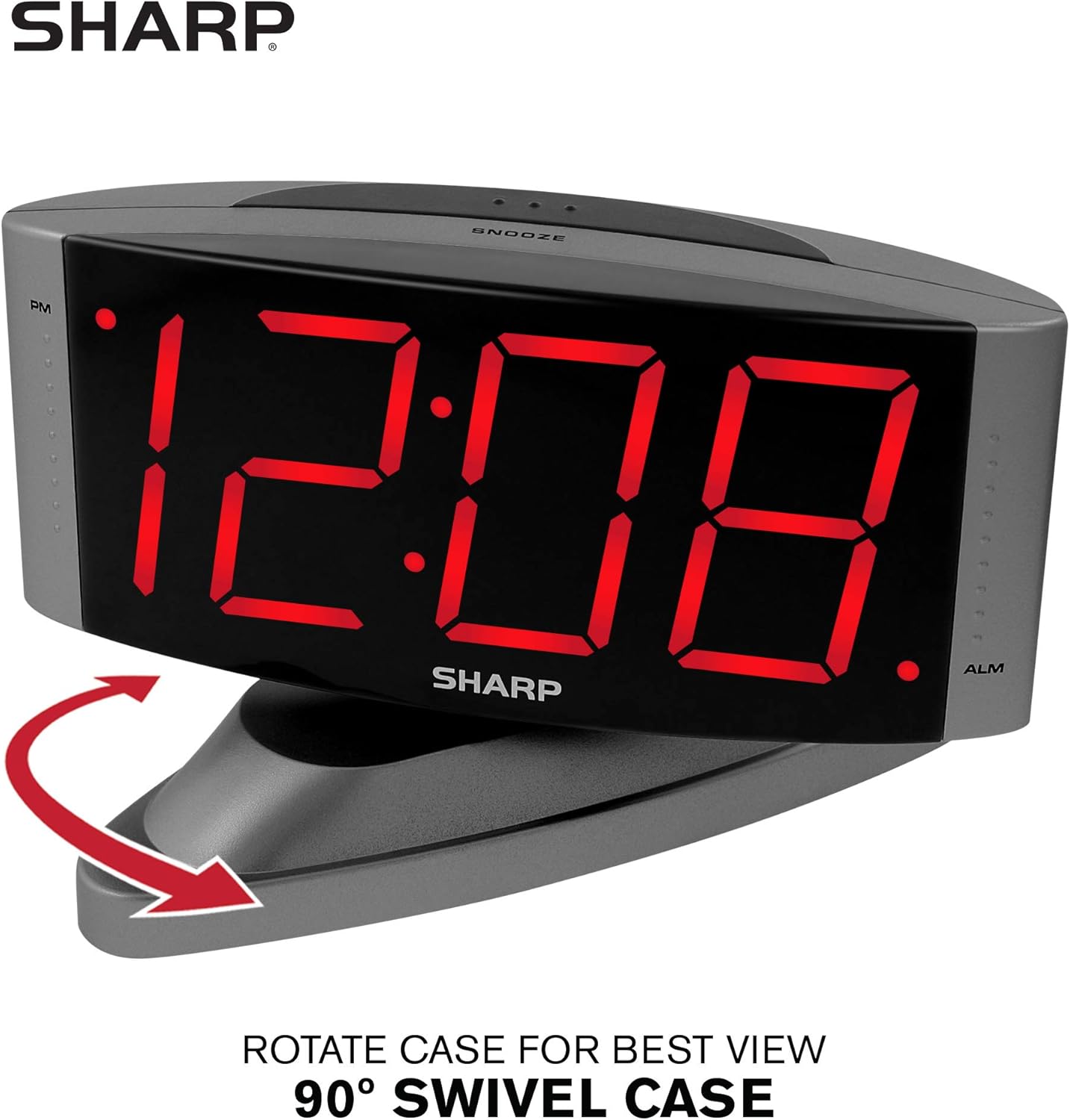 Sharp Home LED Digital Alarm Clock – Swivel Base - Outlet Powered, Simple Operation, Alarm, Snooze, Brightness Dimmer, Big Red Digit Display, Gun Metal Grey Case