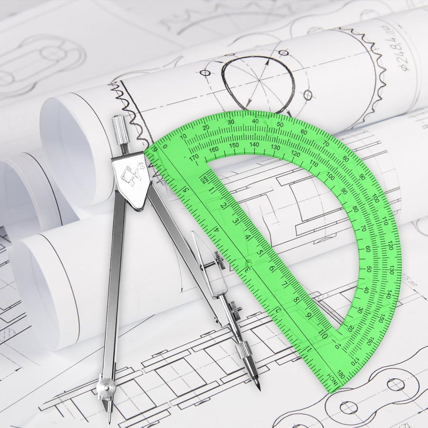 Students Geometry Math Set, Drawing Compass and 6 Inch Transparent Swing arm Protractor 180 Degree Math Protractor (Green)