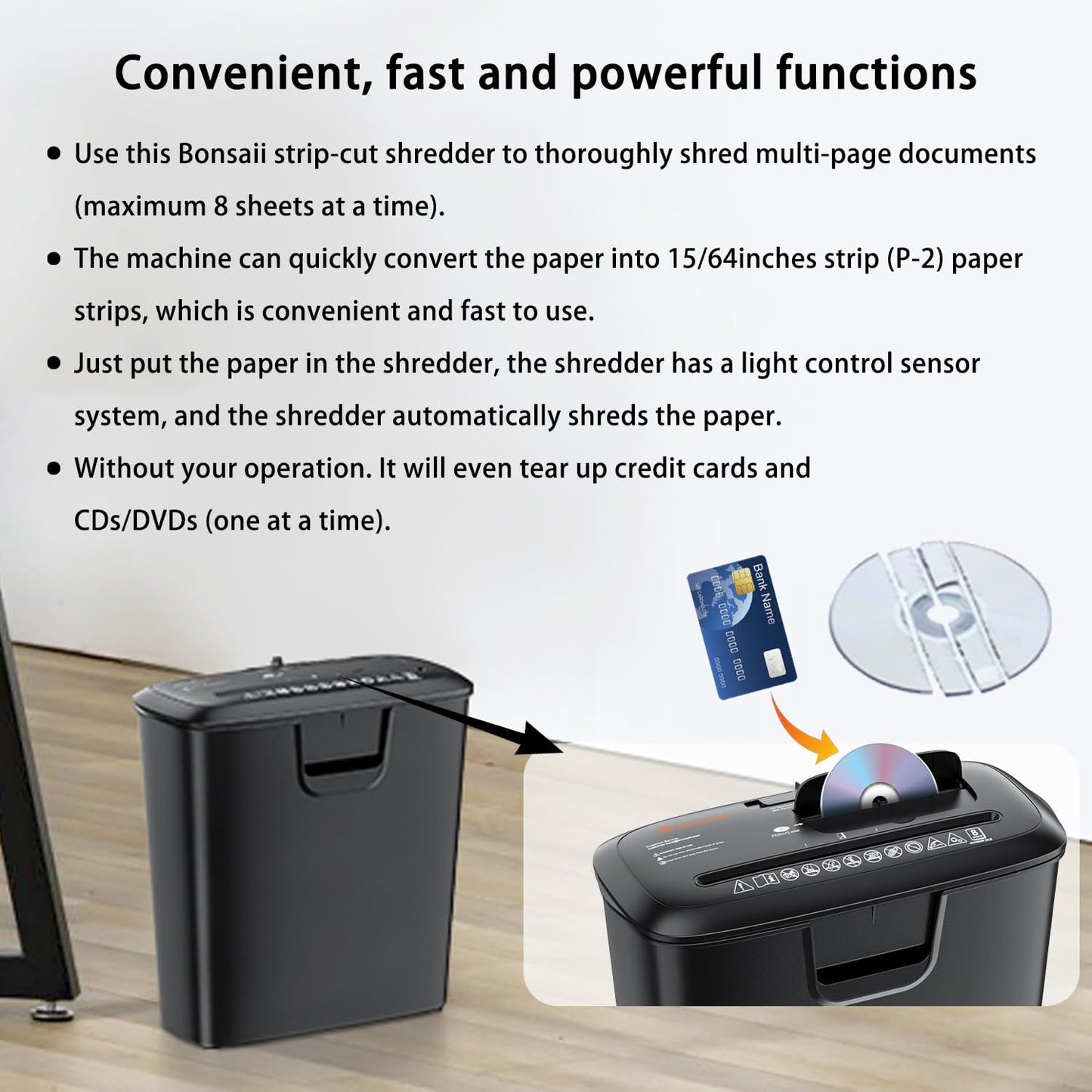 Bonsaii 8-Sheet Strip-Cut Shredder for Home – Compact Home Office Paper Shredder with Overheat Protection, Capable of Shredding CDs and Credit Cards, Includes a 3.4-Gallon Waste Bin