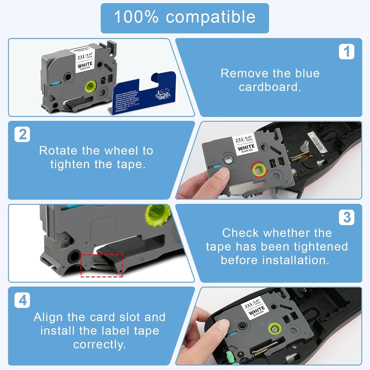 Tze 12mm 0.47" Laminated White Tz Tape Tz-231 Compatible for Brother Tze-231 Ptouch 1/2 Label Tape Tz231 for P Touch PTH100 PTD220 PTH111 PTD210 PT1290 PTD400 PTD600 PTD410 Label Maker, 4 Pack