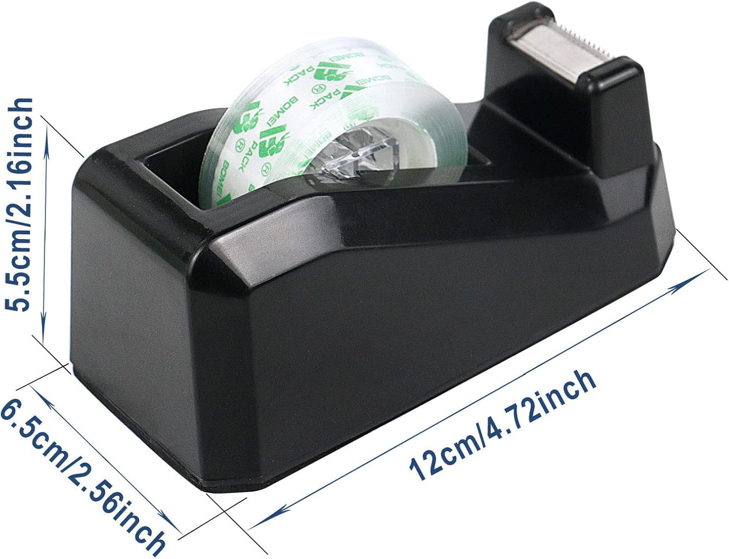 BOMEI PACK Tape Dispensers Desk, 1 Pack Black with 12Rolls Transparent Tape, 1 Inch Core, for Gift Wrapping, School, Office and Home