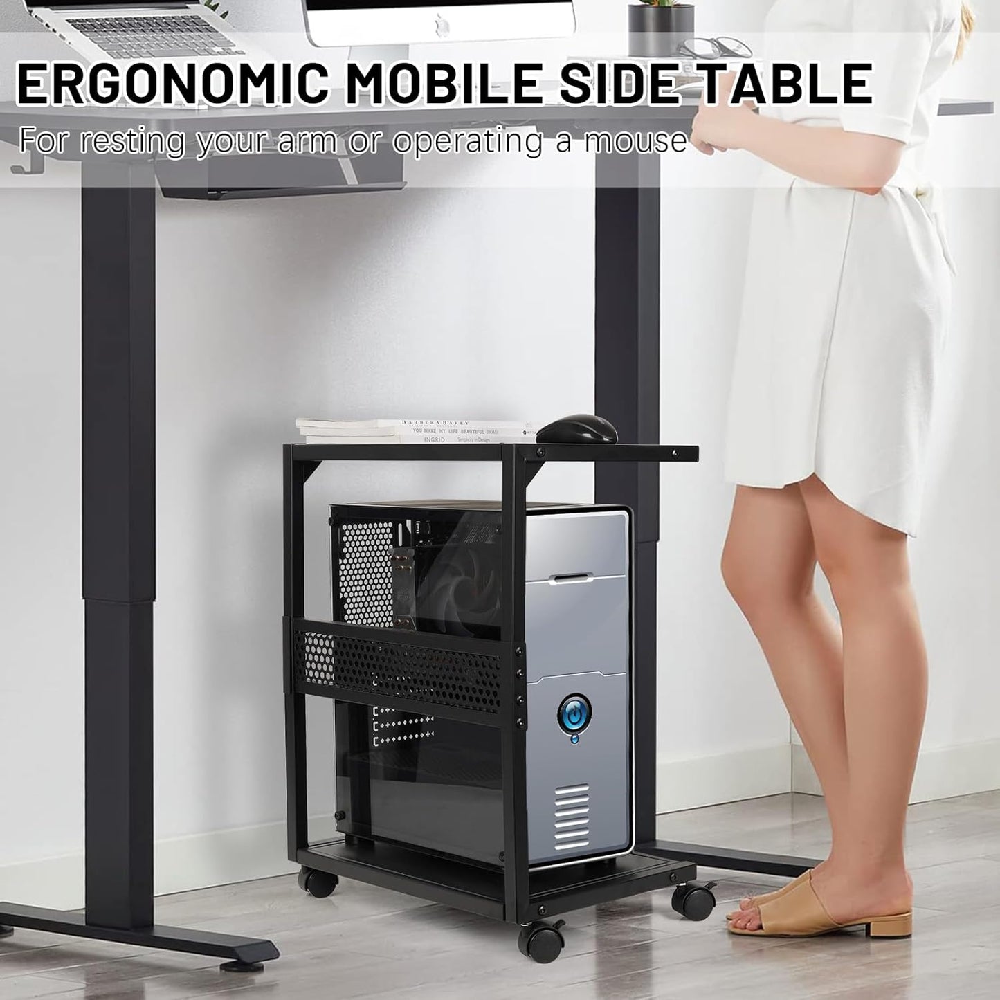 PC Stand Computer Tower Stand 2-Tier Metal CPU Holder with Locking Caster Wheels Suitable for Most PC (S,Black)