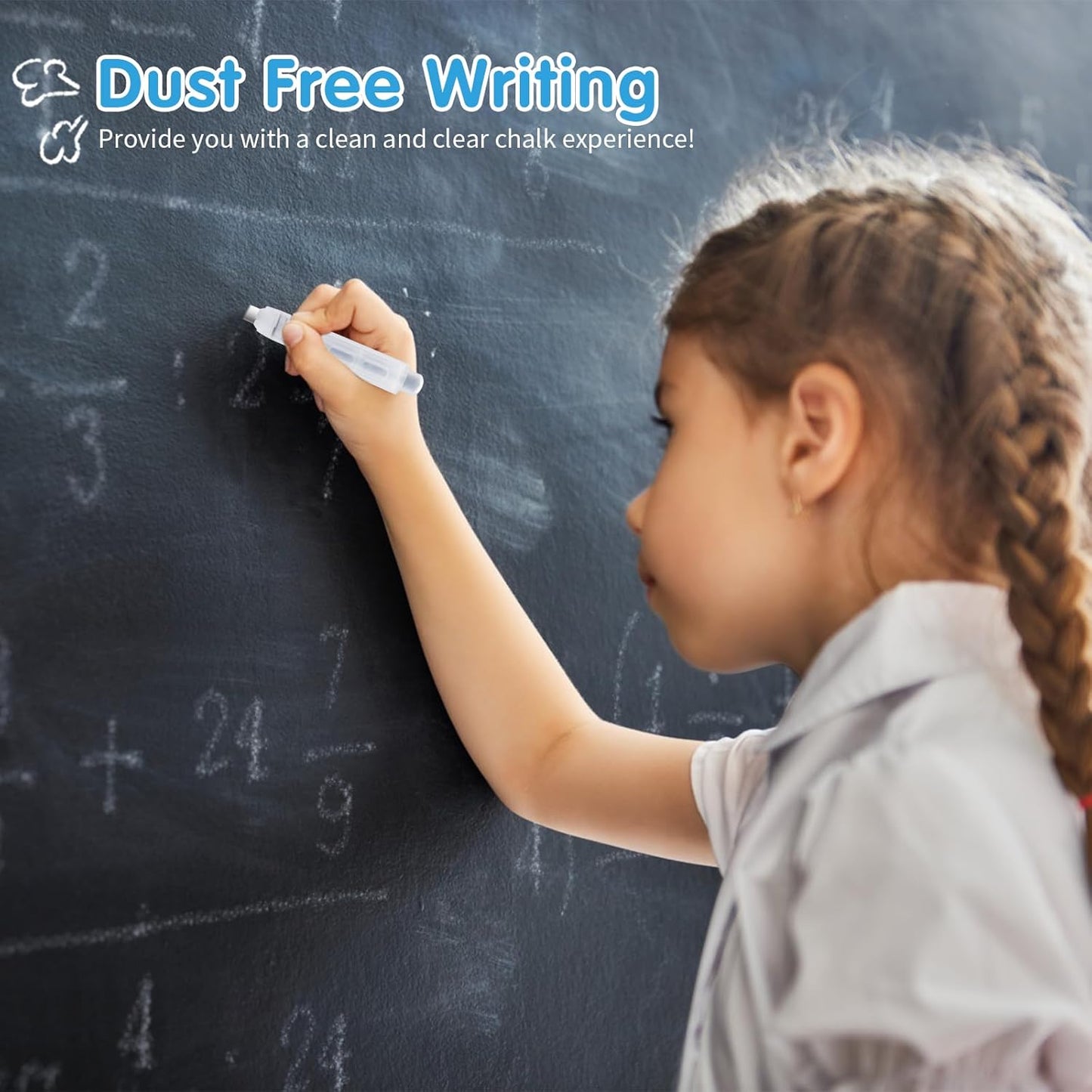 70PCS White Dustless Chalk with 6 Holders & Eraser – Non-Toxic Bulk Chalk Set for Blackboards, Perfect for School, Office, and Home Use.