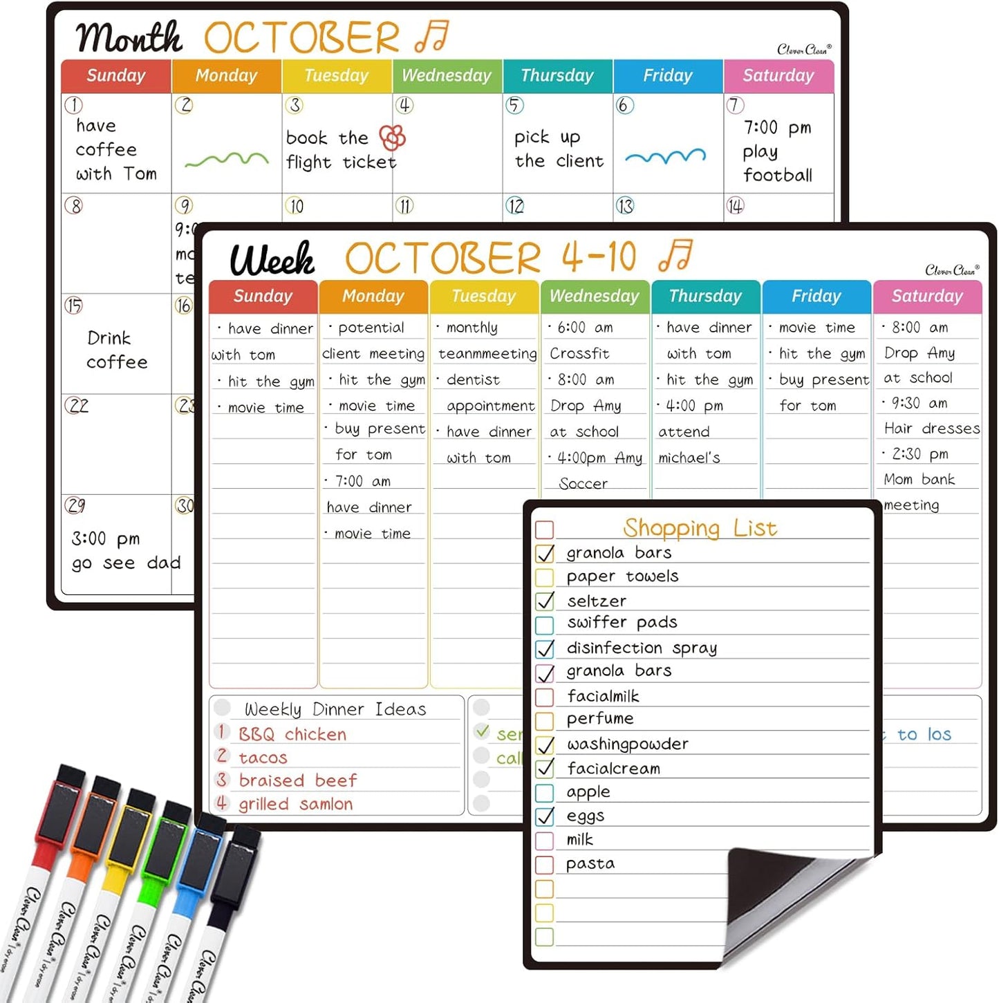 Magnetic Dry Erase Monthly Calendar Set - 14.5"x11" Monthly and Weekly Calendar, 6.5"x8.5" List Board for Fridge - 6 Extra Fine Point Markers Included - Shipped Flat