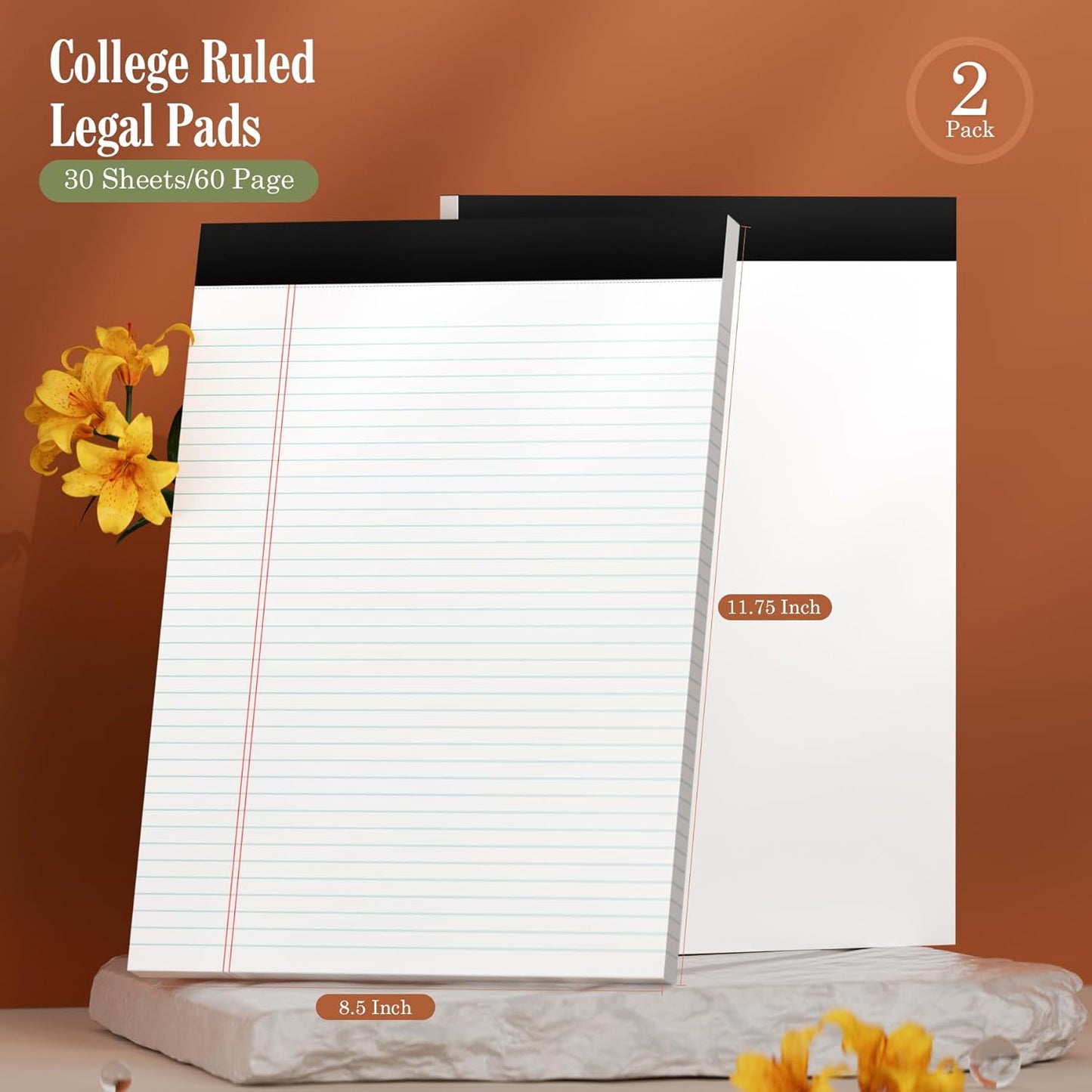Legal Pads 8.5 x 11 White Note Pads 2 Pack - Double-Sided Printing & Perforated College Ruled Sheets - 30 Sheets Premium Thick Paper, No Ink Bleeding - Good for Office Supplies, Homework, Notes