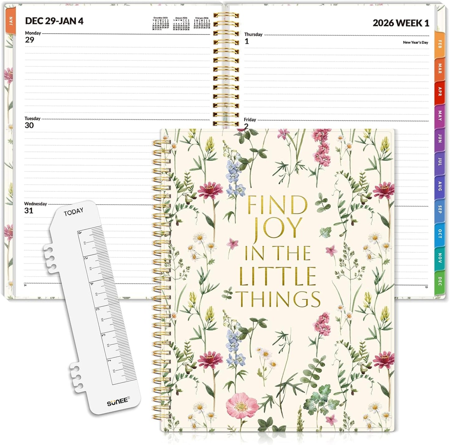 SUNEE 2026 Weekly and Monthly Planner - from January 2026 - December 2026, 8.5"x11" Daily Agenda Planner with Monthly Tab, Flexible Cover, Note Pages, Pockets, Bookmark, Spiral Binding, Wildflowers