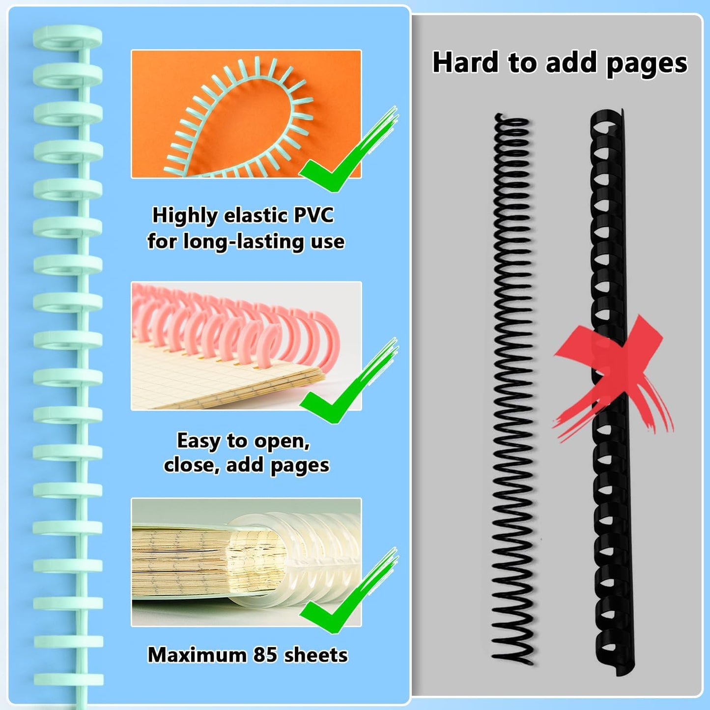 Comb Binding Spines Easy to Open Close Adding Pages for Binding Machine Worklion 1/2 Inch Diameter 30 Ring Plastic Binder Combs and Spines Maximum 85 Sheets 10pieces