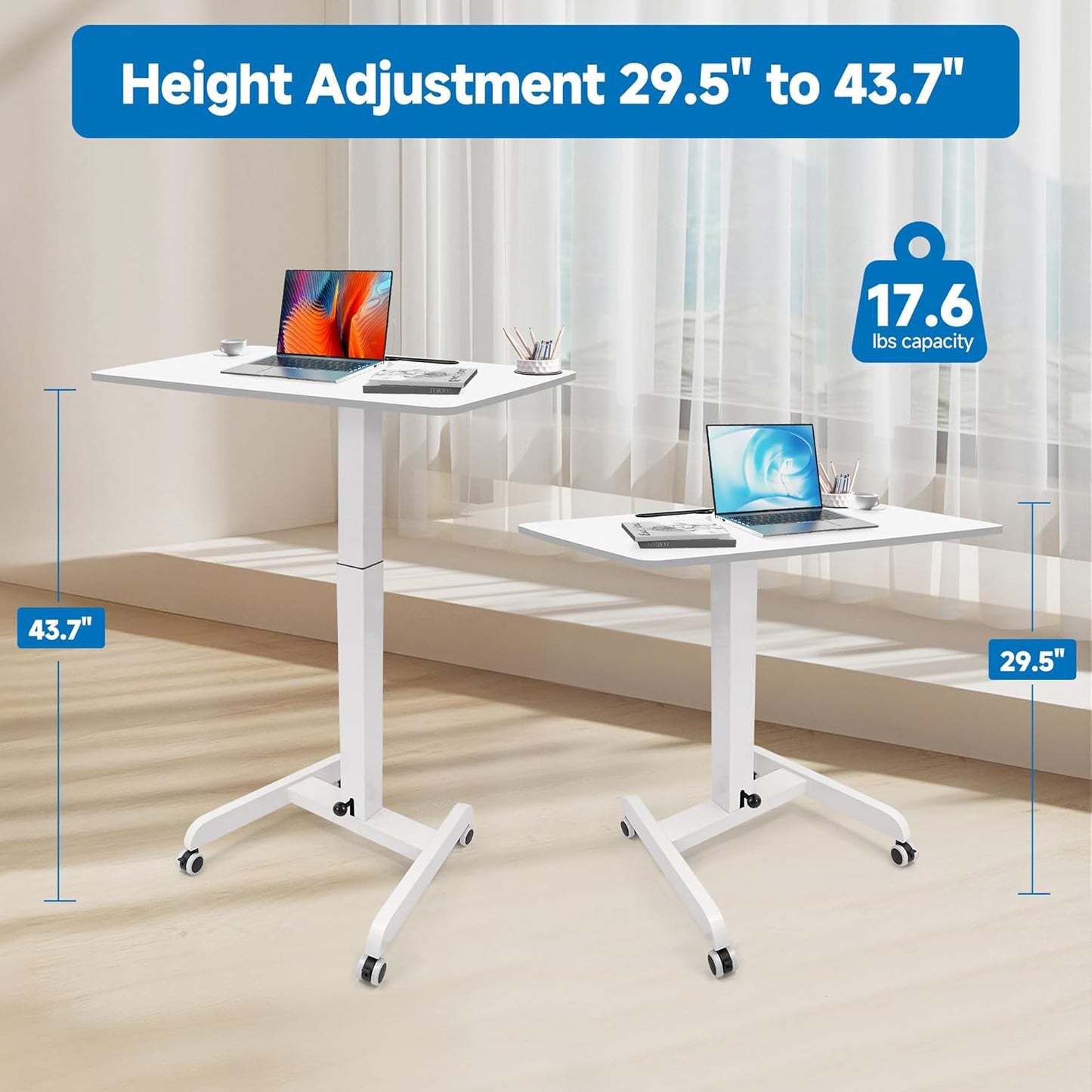 Rolling Laptop Desk Adjustable Height(29.5”- 43.7”)，Mobile Workstation Cart with 31.5" x 22.1"Desktop, Standing Desk Mobile Portable PC Table for Home,Office or Classroom in White