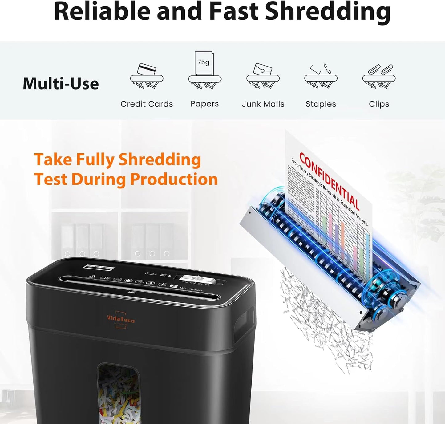 Paper Shredder for Home Use,VidaTeco 6-Sheet Cross-Cut Shredder,Also Shred Card/Clip/Staple,P-4 Higher Security,Small Document Shredder for Office,Paper Shredder Heavy Duty with Jam Proof,3.04-Gal Bin