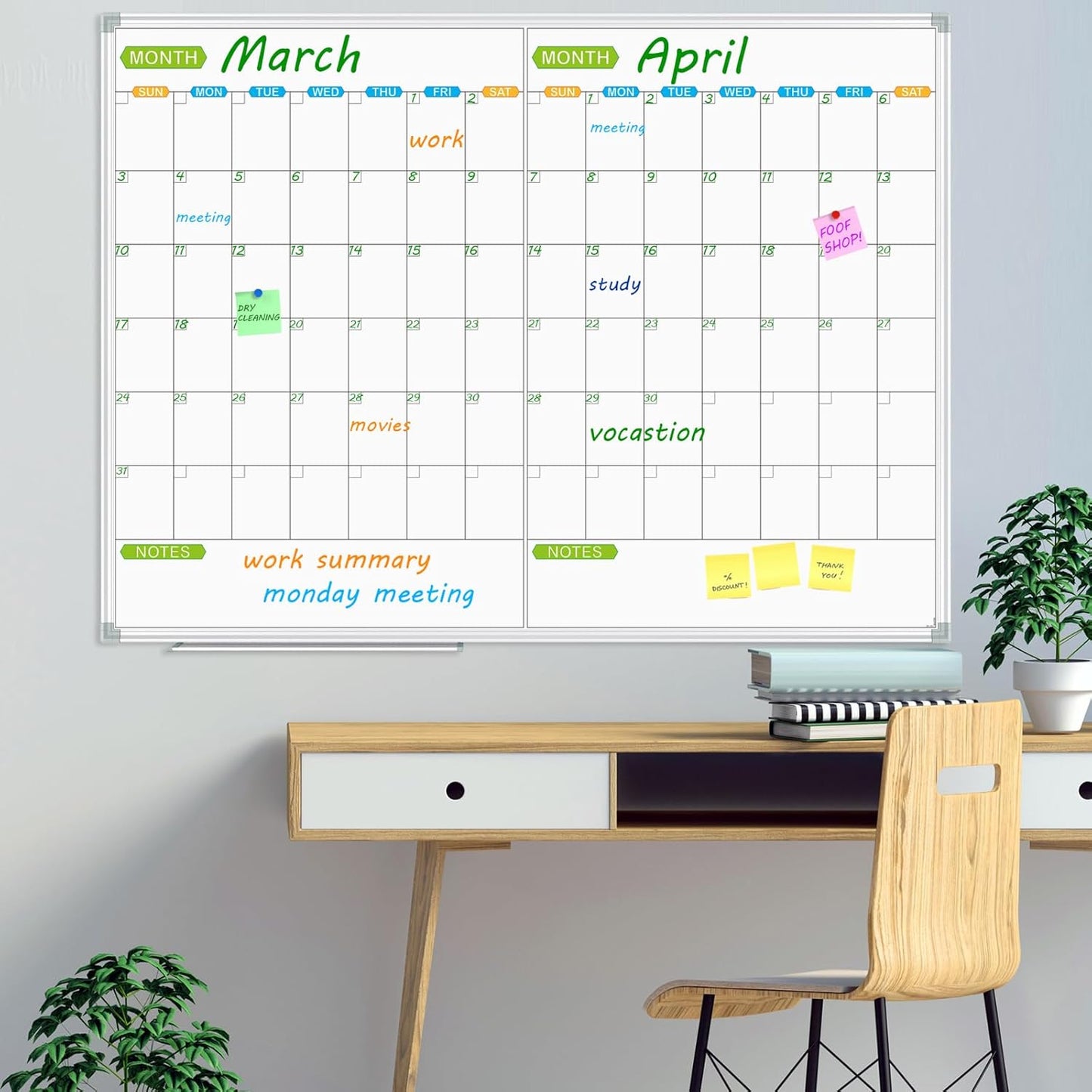 JILoffice Magnetic Dry Erase Calendar Whiteboard, 2 Month White Board Planner 48 X 36 Inch, Silver Aluminum Frame Wall Mounted Board for Office Home and School
