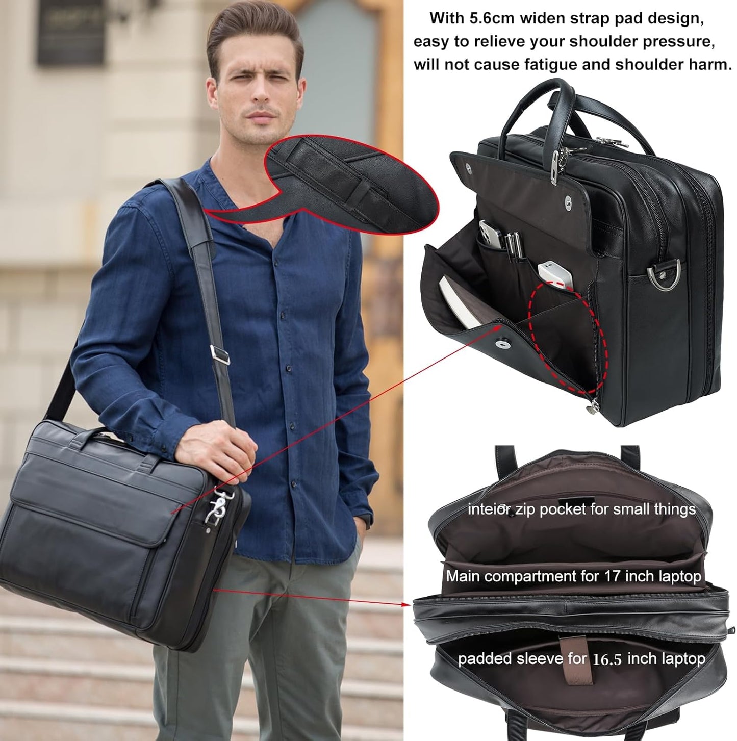 Masa Kawa Leather Briefcase for Men 15.6", 17" Laptop Computer Case Business Travel Work Messenger Cross Body Shoulder Bag