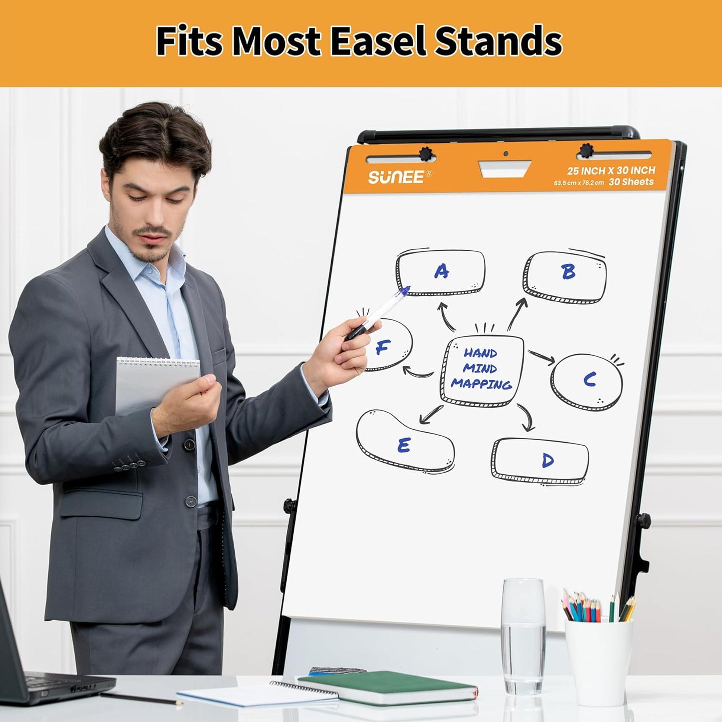 SUNEE Sticky Easel Pads, 25 x 30 Inches Chart Paper (6 Pack), Self Stick Easel Paper for White Board, Large White Premium Self Stick Flip Chart Paper, 30 Sheets/Pad, 6 Pads