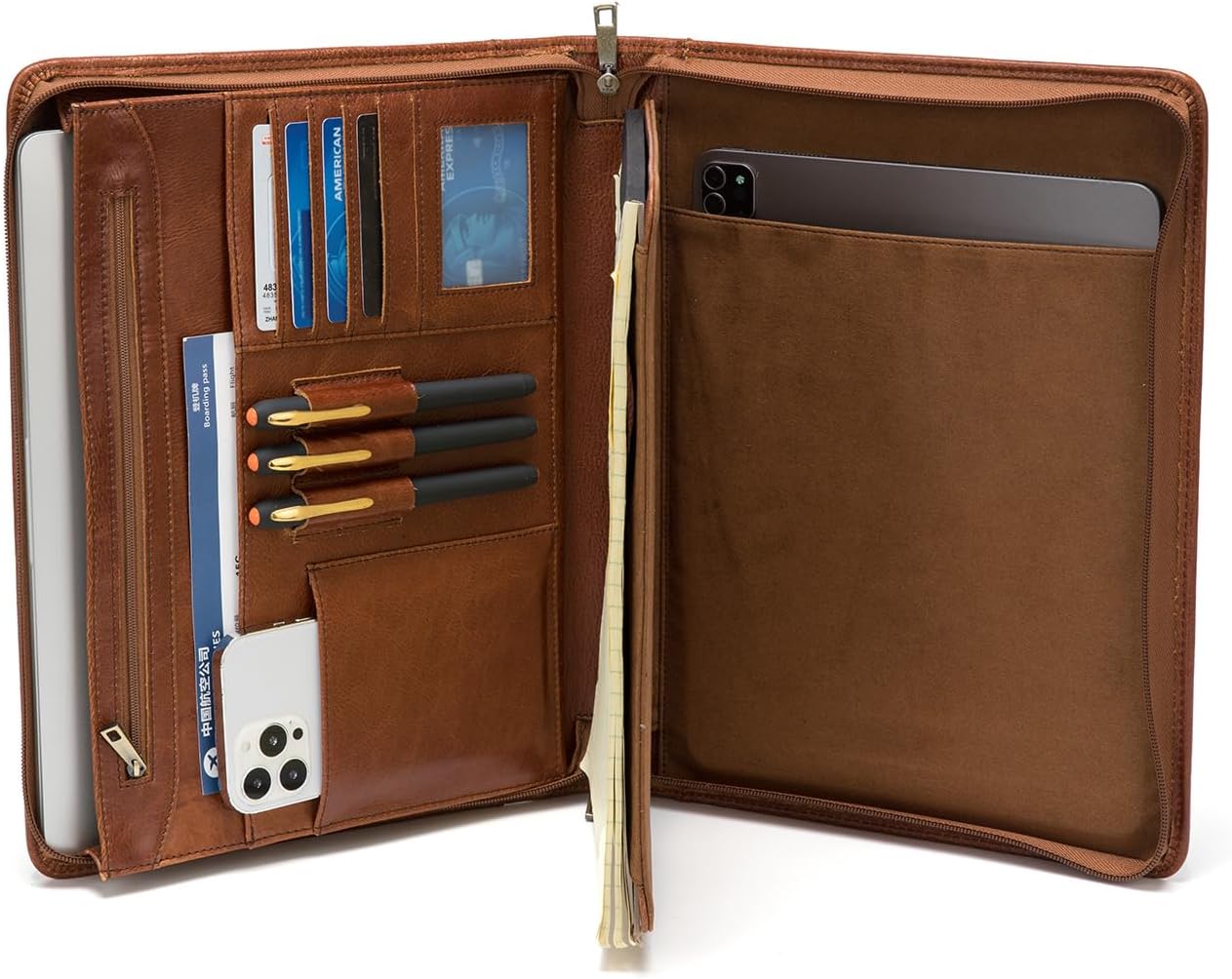 Genuine Leather Portfolio with Hidden Handle, Front Pocket, Business Padfolio Tablet/13” Laptop Organizer, Folio Document Cell Phone Holder, Professional Executive Folder, Brown, Oil Tanned