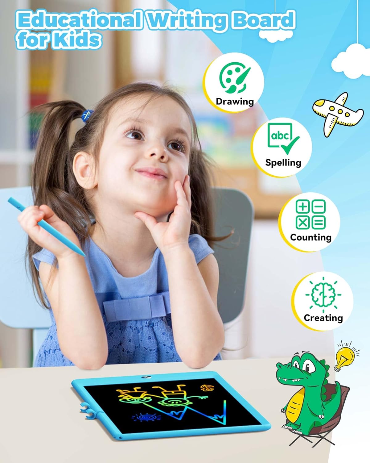 KOKODI 10 Inch LCD Writing Tablet with Anti-Lost Stylus, Erasable Doodle Board Colorful Toddler Drawing Pad, Car Travel School Games Toys for 3 4 5 6 7 8 Kids, Birthday Gift for Girls Boys Adults Blue