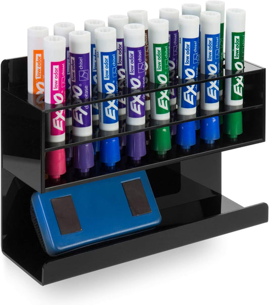 MyGift Wall Mounted Premium Black Acrylic Dry Erase Marker Holder with 16 Slots for Marker Pens and Eraser Storage Tray Whiteboard Accessories Rack for Home Office School Dorm