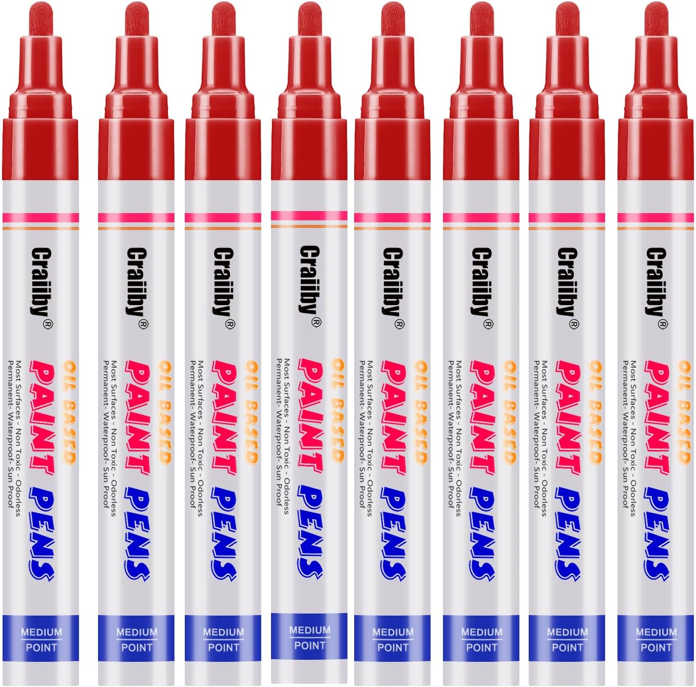 Red Paint Markers, 8 Pack Oil-Based Waterproof Quick Dry Permanent Paint Pen Set for Rocks Painting, Wood, Fabric, Plastic, Canvas, Glass, Mugs, Metal, Tire, Stone, DIY Craft
