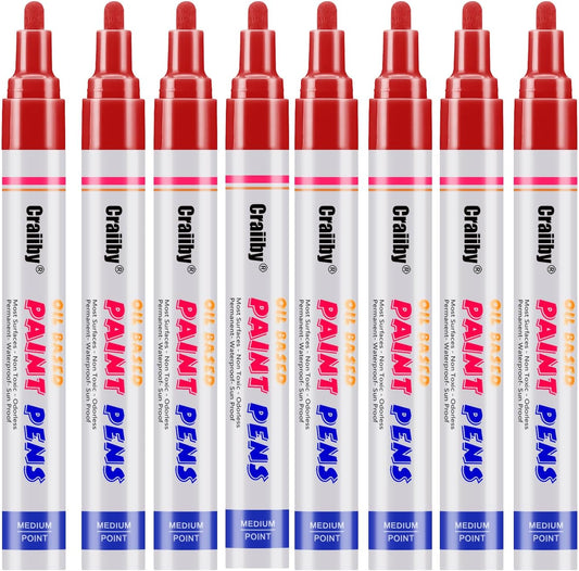 Red Paint Markers, 8 Pack Oil-Based Waterproof Quick Dry Permanent Paint Pen Set for Rocks Painting, Wood, Fabric, Plastic, Canvas, Glass, Mugs, Metal, Tire, Stone, DIY Craft