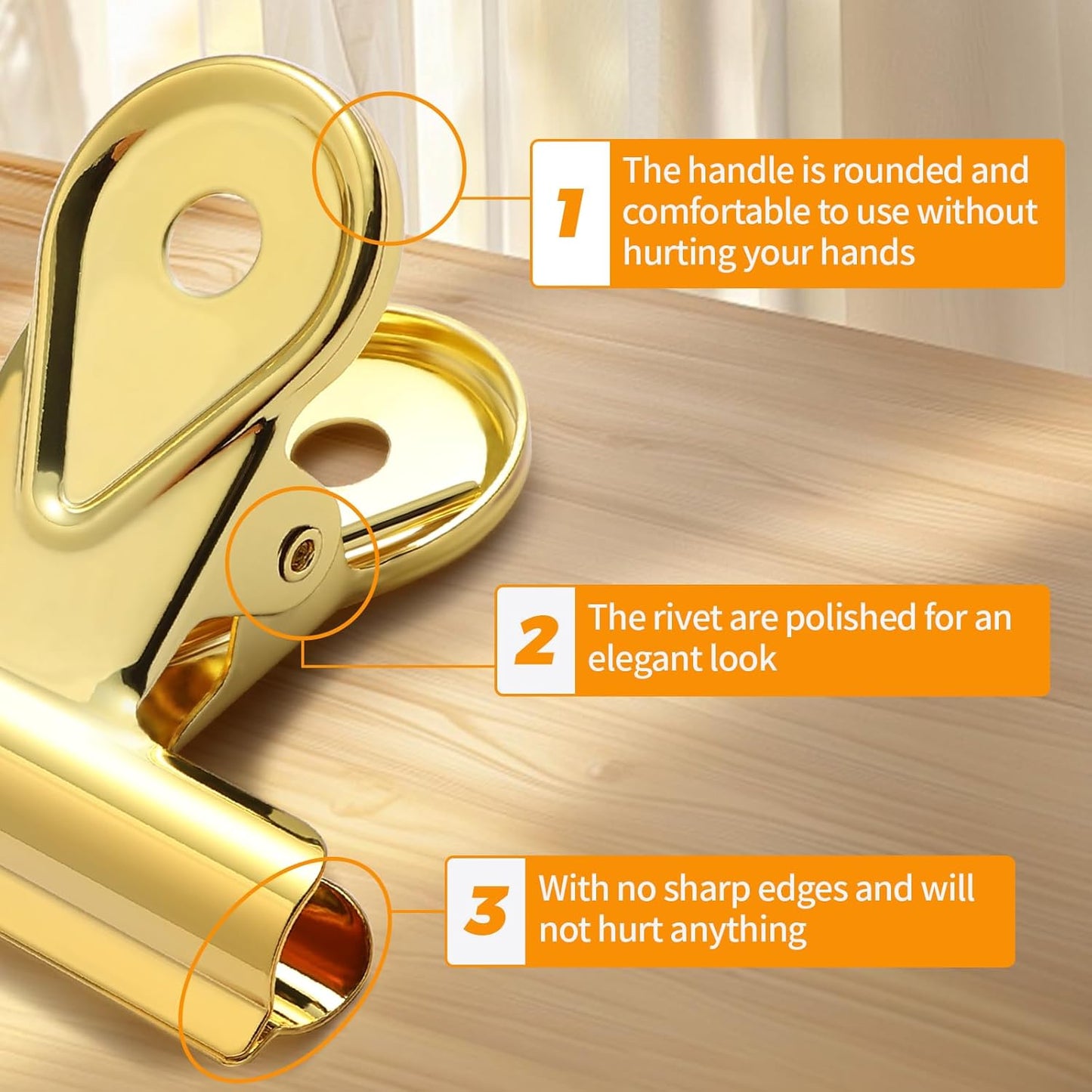 SIAMESE Bulldog Clips, 4 Pcs Binder Clips for Office & Kitchen, Multi-Purpose Binder and Food Bag Clamps for Sealing, Storage, Hanging (Gold)