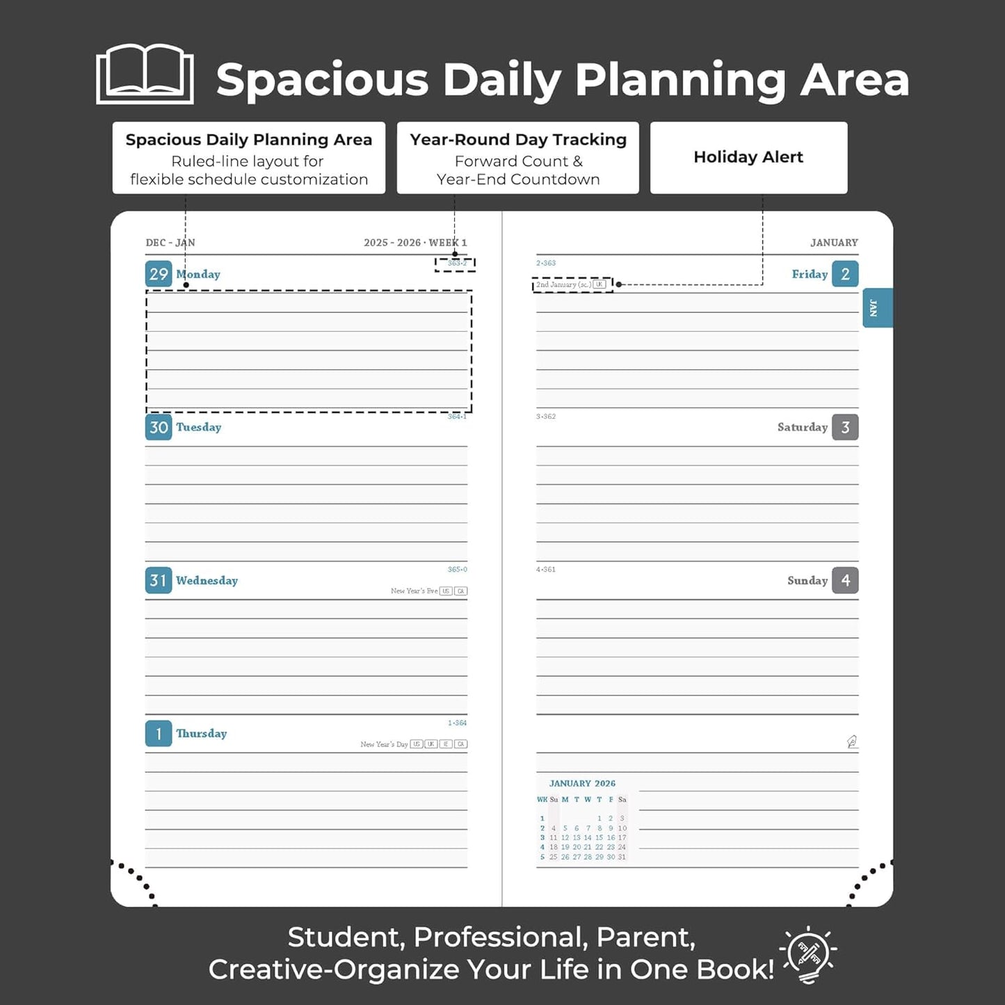 Weekly Monthly 2026 Planner (Jan.26-Dec.26),6.5"x3.75",12 Months Agenda Plan with Month Tabs & Pocket,Expenses/Note Pages, Appointment Book Calendar with Hardcover Vegan Leather Cover,Black