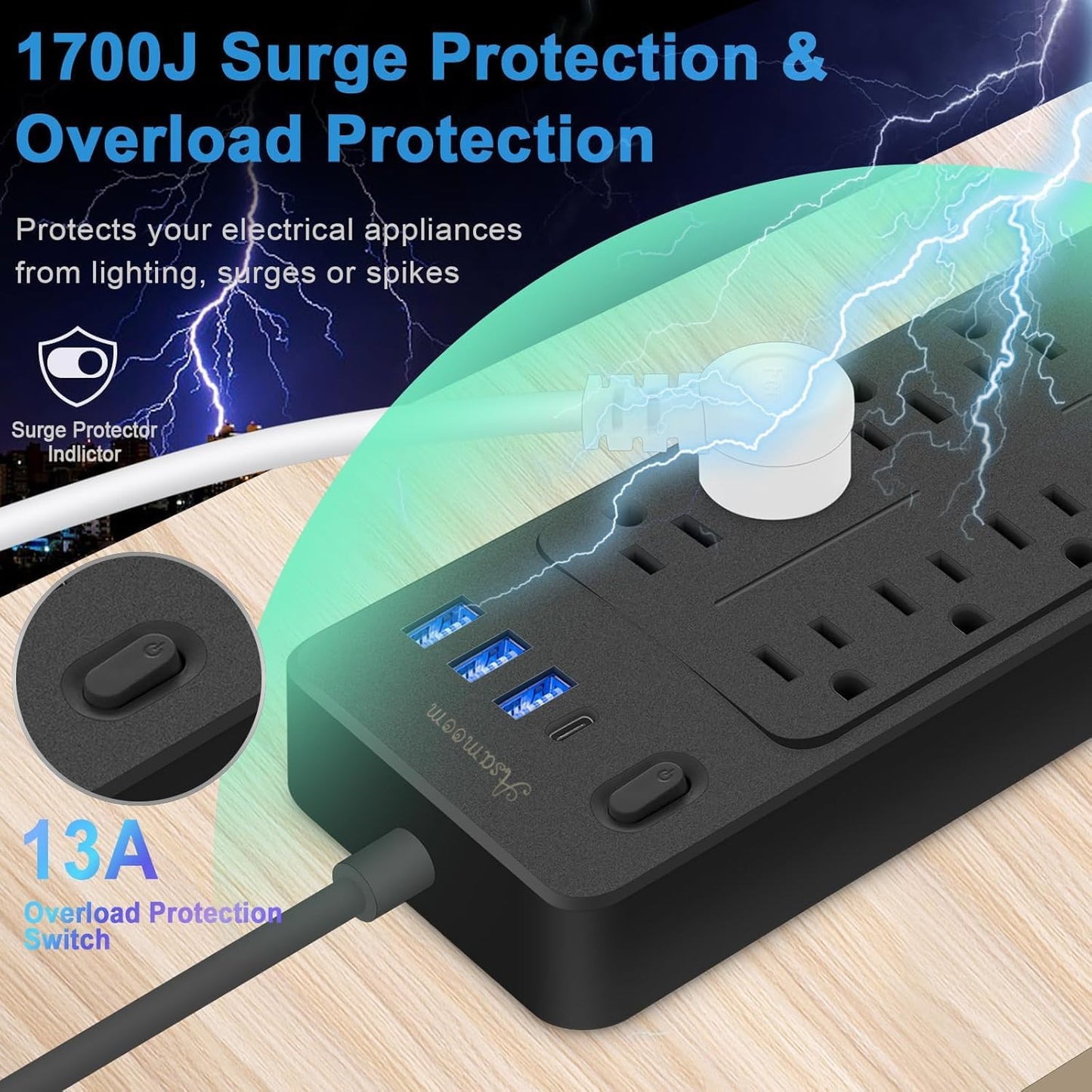 15 FT Power Strips with Surge Protection 1625W/13A,10 Outlets with 4 USB Ports (1 USB C) Long Extension Cord with Multiple Outlets 14-in-1 1700J 16Awg Flat Plug Power Strip Protector Black, ETL Listed