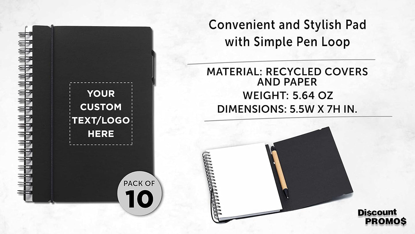 DISCOUNT PROMOS Custom Spiral Notebooks with Elastic Closure Set of 10, Personalized Bulk Pack - Perfect for School, Office, Business and More - Black