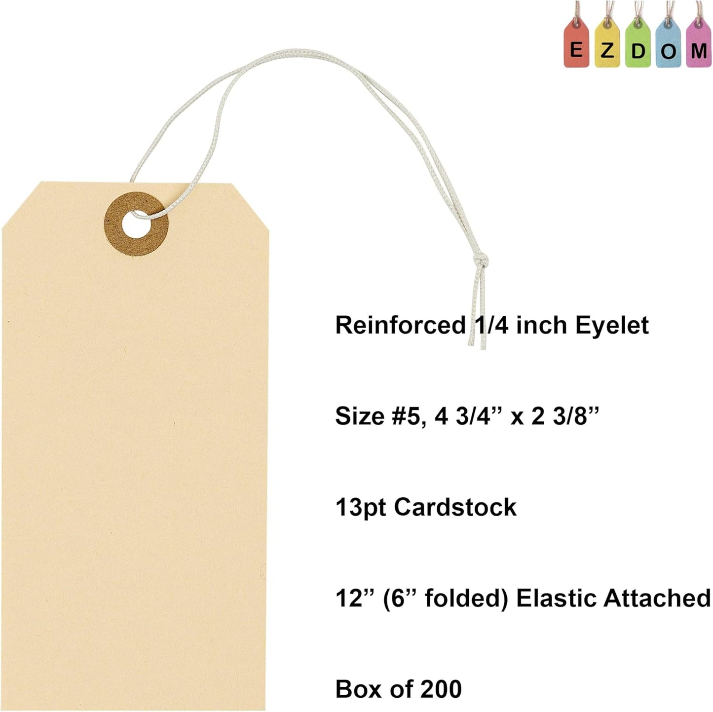 Tags with Elastic String Attached - #5, 4 3/4" x 2 3/8" Box of 200 Manila Paper Label Tags with Elastic Loop and Reinforced Hole