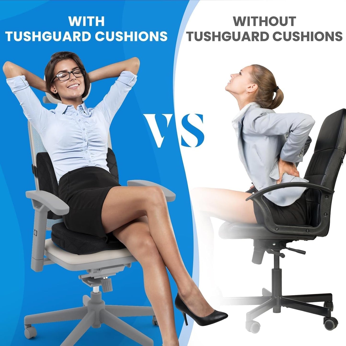 TushGuard Office Chair Cushions with Handles, Back&Seat Cushion, Sciatica & Back Coccyx Tailbone Discomfort Easing Chair Pad, Memory Foam Lumbar Support Pillow for Gaming, Desk, Car (Black, X-Large)