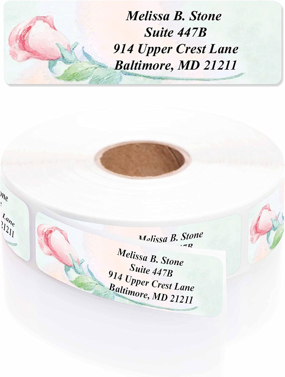 Soft Rose Watercolor Designer Rolled Address Labels with Elegant Plastic Dispenser