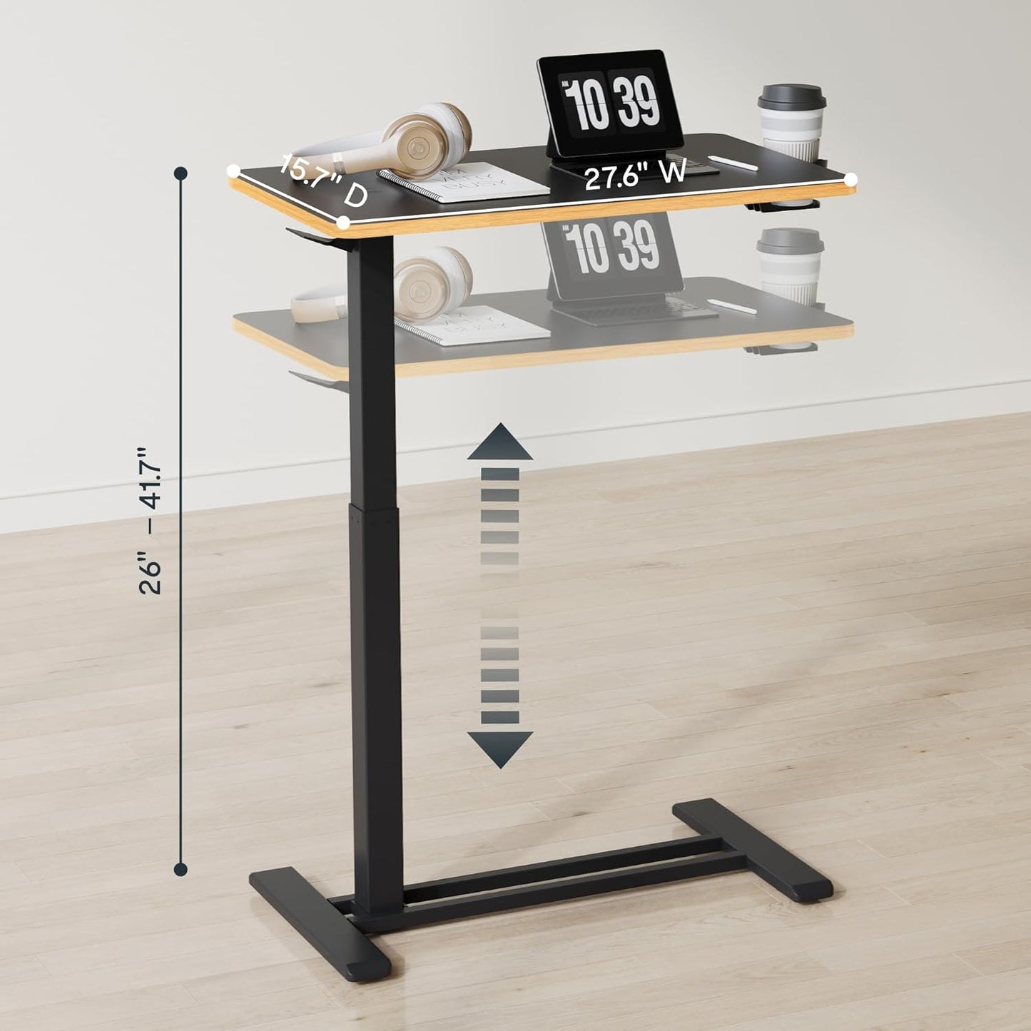 FLEXISPOT Mobile Standing Desk with Wheels Pneumatic Laptop Desk Rolling Computer Cart Movable Height Adjustable Small Sit Stand Desk Computer Workstations Home Use（27.6" W x 15.7" D, Black+Maple