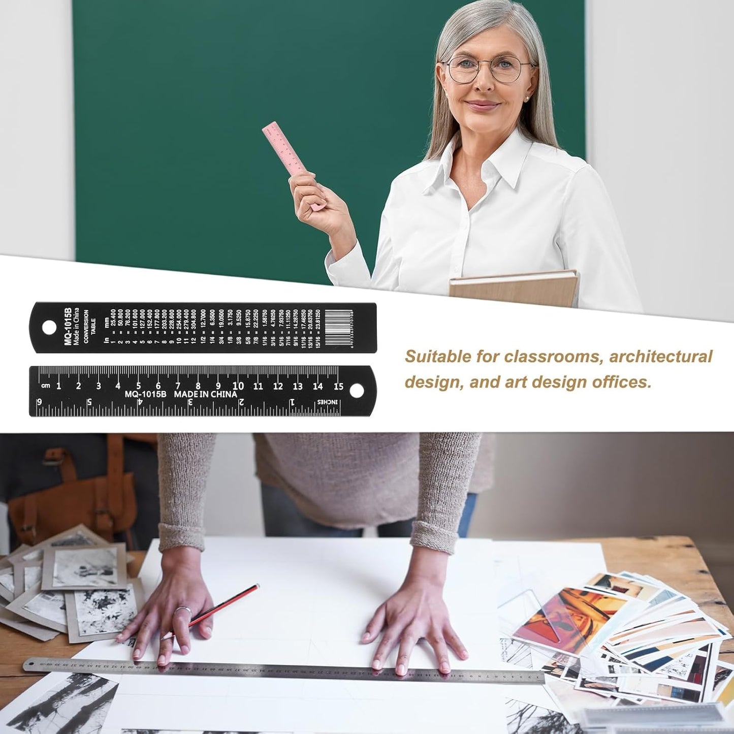 HARFINGTON 2pcs Metal Straight Ruler 15cm Metric SAE Aluminum Alloy Measuring Rulers Scale Tool with Hole for Measure Study Reading Classroom Office, Black