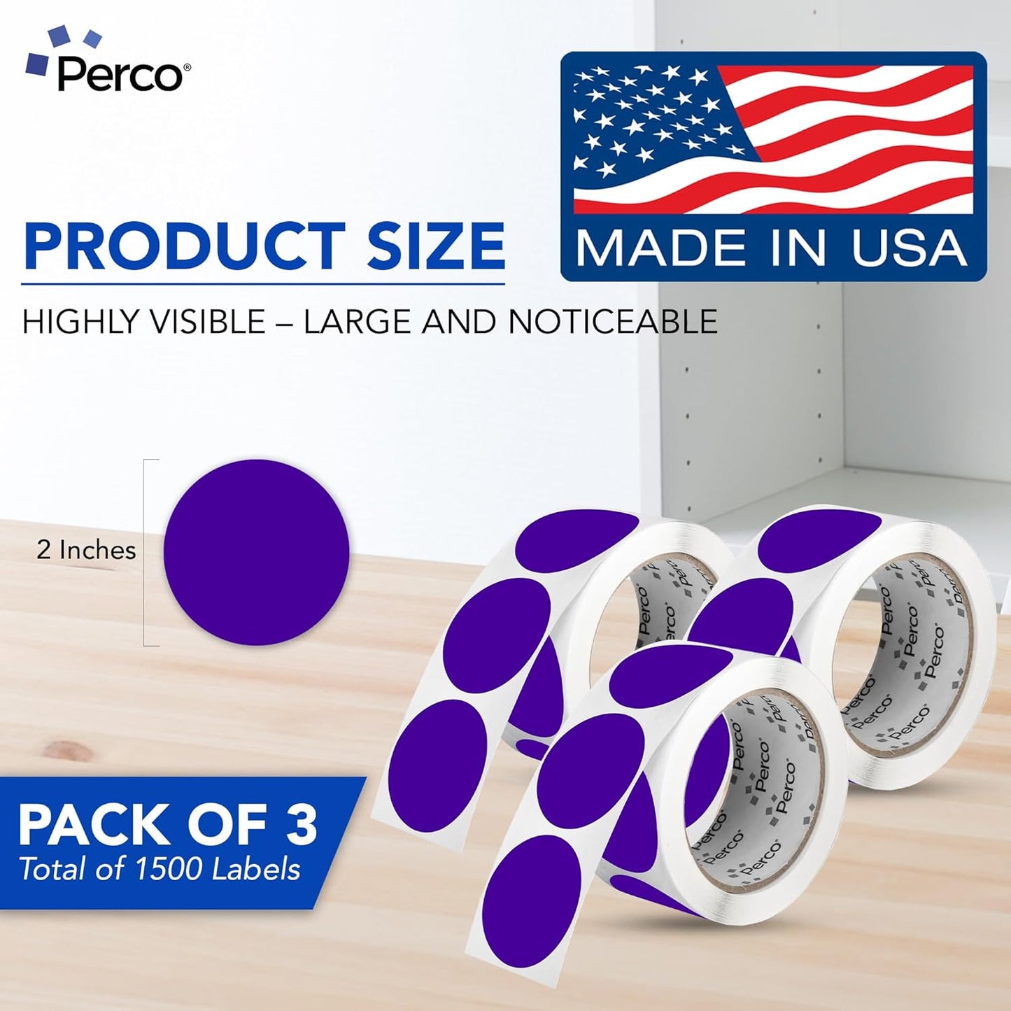 Perco Purple 2-Inch Round Circle Dot Sticker Labels - Multi-Roll Pack (3 Rolls, 500 Labels Each) - Permanent Adhesive, Vibrant Colors, Strong Hold - Perforated for Easy Use - Made in USA