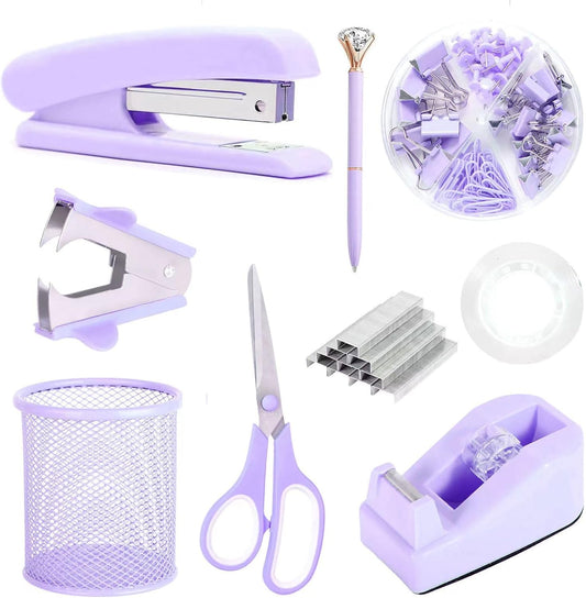Purple Desk Accessories, Pink Office Supplies Set with Stapler, Tape Dispenser, Staple Remover, Pen Holder, Scissor, Binder/Paper Clips, Ballpoint Pen, Clear Tape and 1000pcs Staples