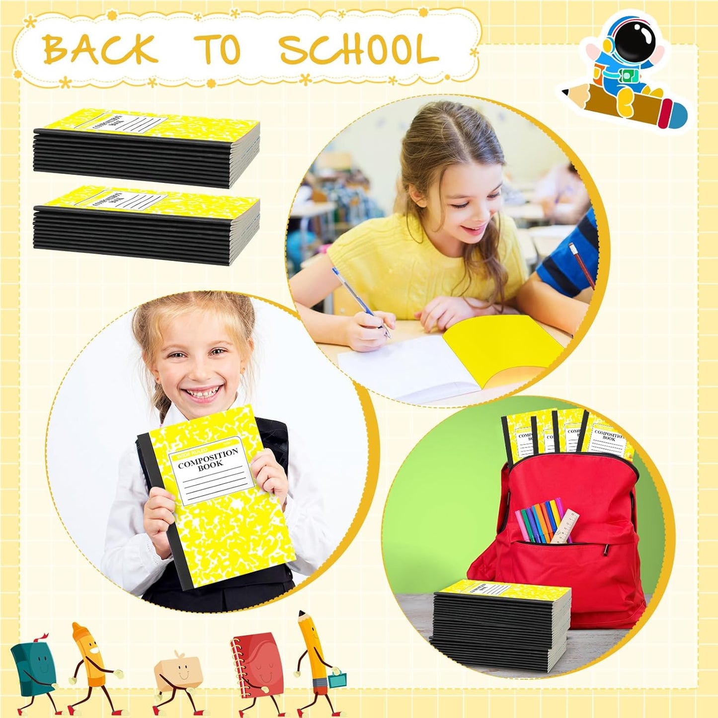 Fainne 100 Pack A5 Composition Notebooks Bulk College Ruled Composition Notebooks Marble Covers Notebook for Student Classroom Office Supplies 30 Sheet/60 Page(Yellow)