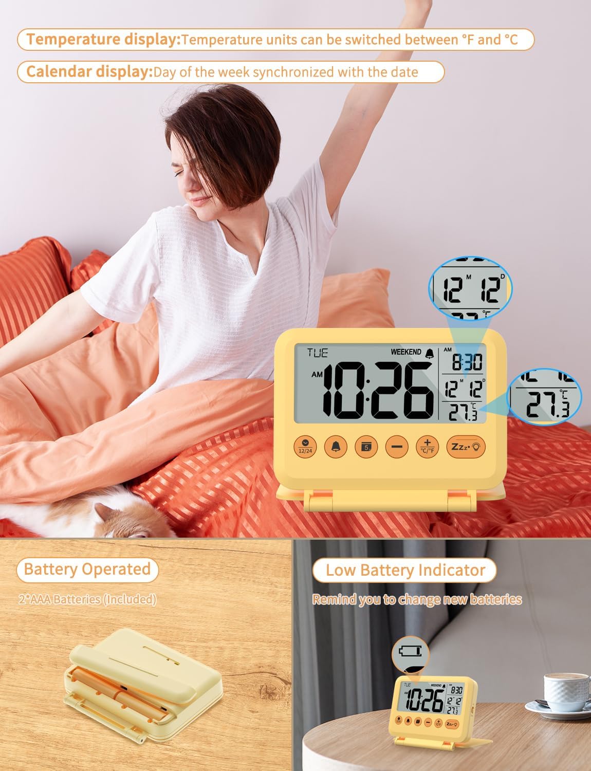 Digital Travel Alarm Clock - 3.54 inch LCD Display, 9-Minute Snooze, 2 Volume Levels, Backlight, Battery Included (Yellow)