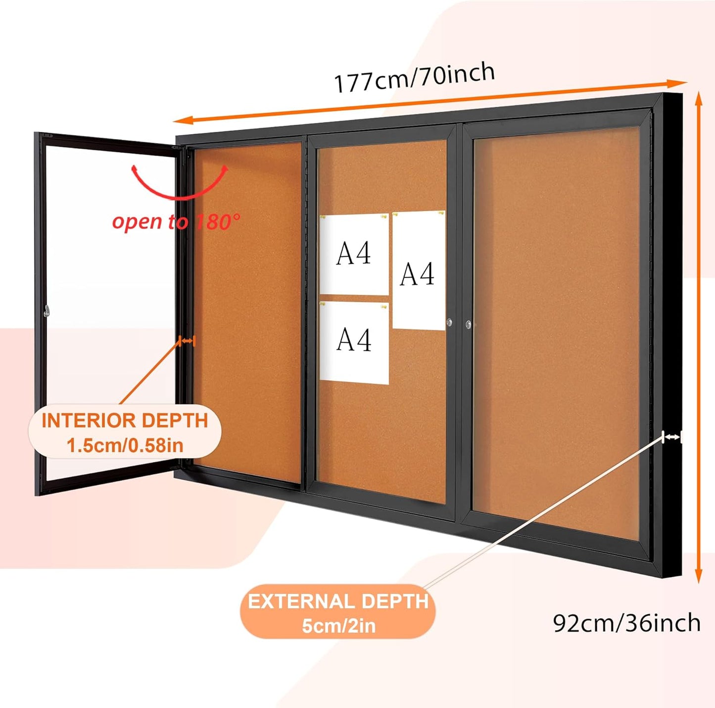 Enclosed Bulletin Board Outdoor Noticeboard with Locking Door, Weather-Resistant, Cork, Black Aluminum Frame, 70 x 36 in