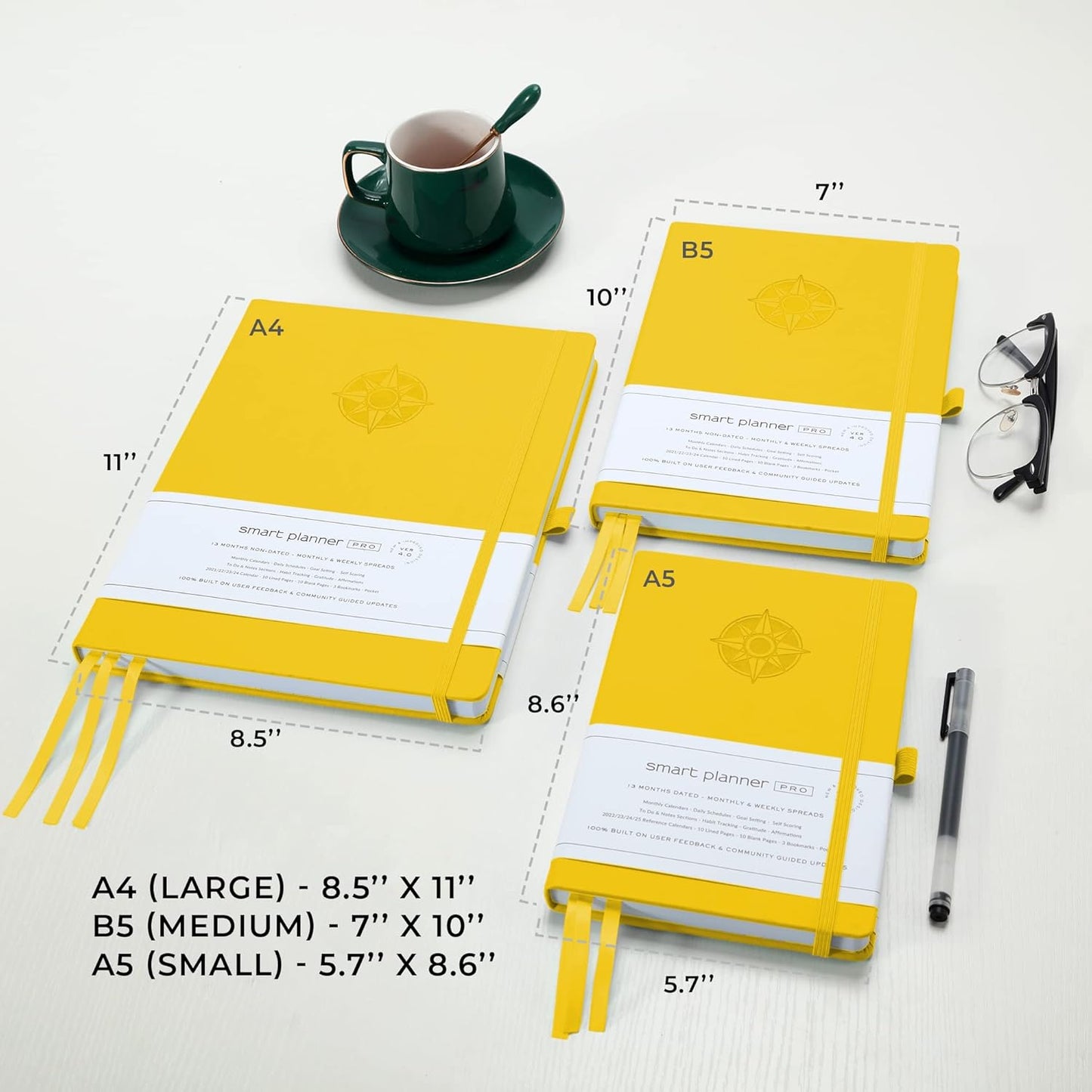 Smart Planner Pro – Undated Daily Planner – Small A5 – Achieve Goals & Increase Productivity – Weekly, Monthly, Work Sections, Organizer Diary with Back Pocket, 3 Satin Bookmarks & Pen Holder