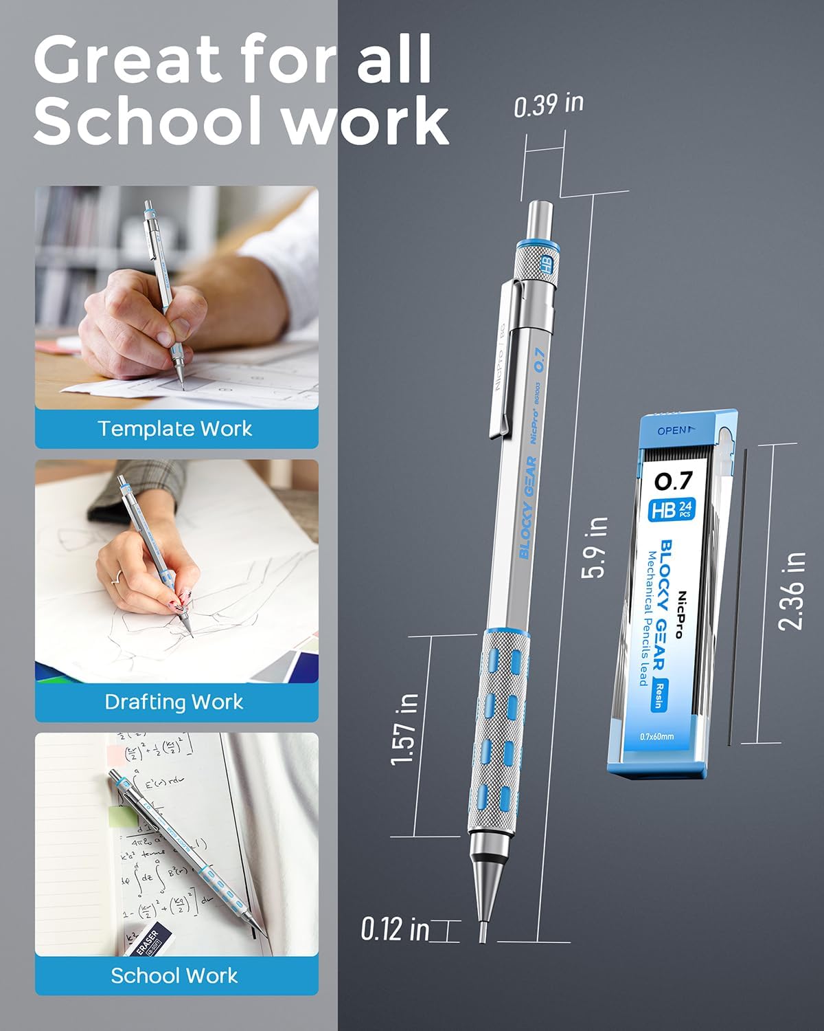 Nicpro Blocky Gear 0.7 mm Mechanical Pencils Set in Case, Metal Pencil with Lead Refills, Eraser for Professional & Adult Art Writing Drafting Drawing