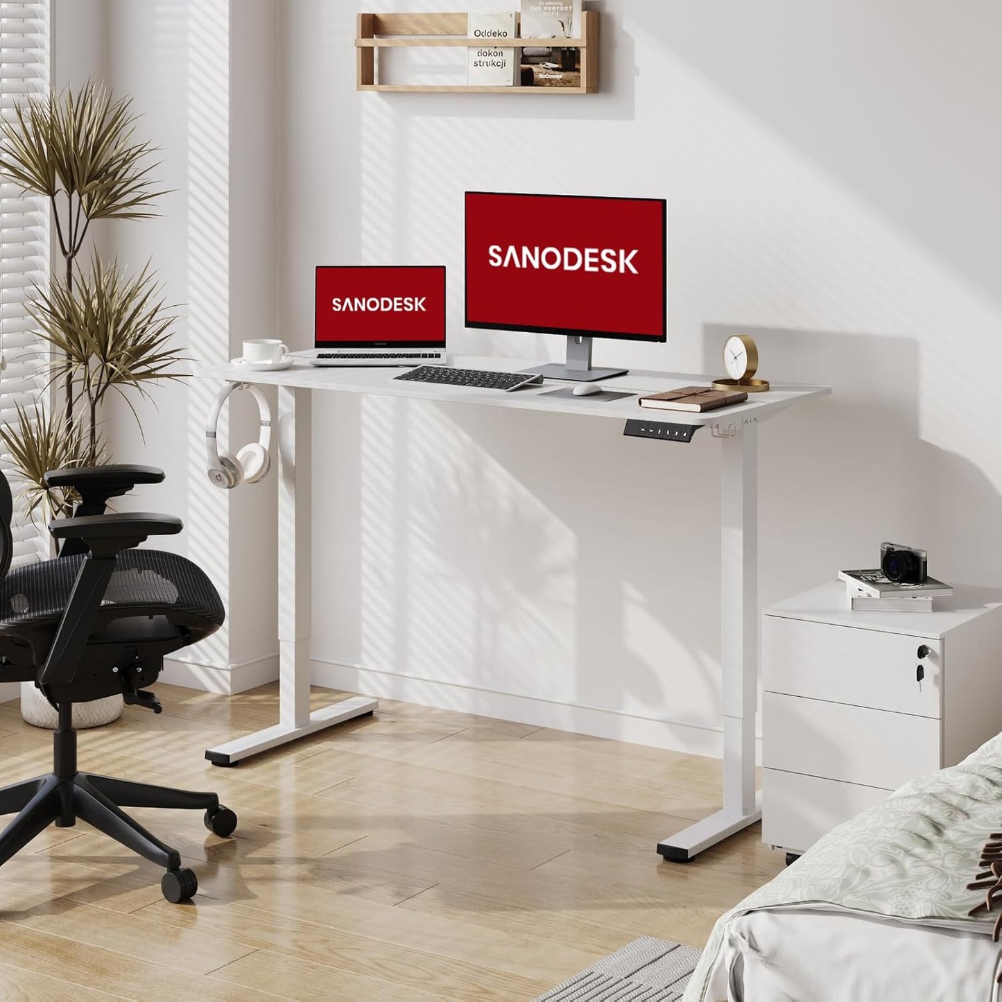 SANODESK Electric Standing Desk 48x24 Inch Height Adjustable Stand Up Desk Home Office Computer Workstation Sit Stand Home Office Desk with Splice Board (White Frame + White Top)