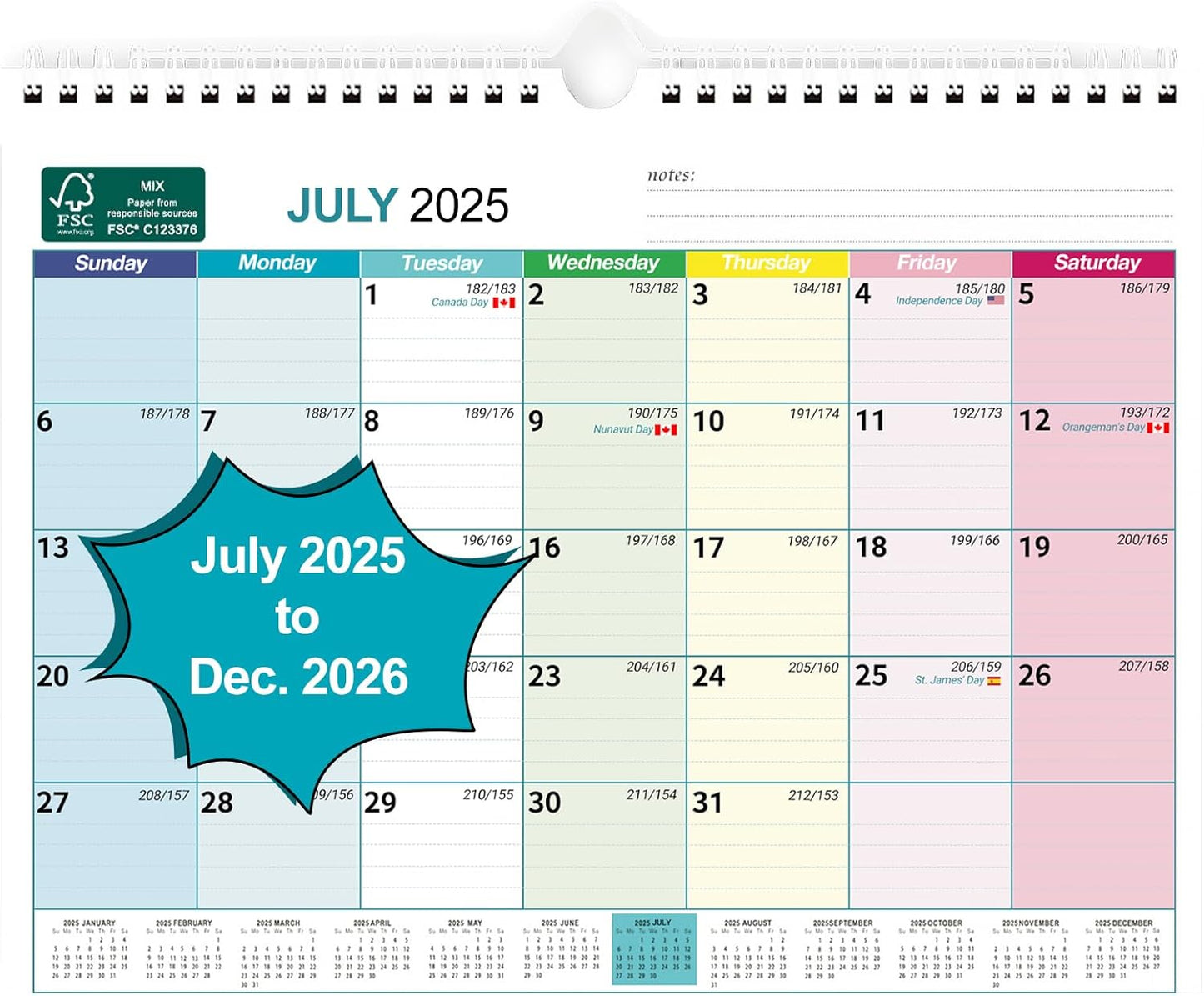 BOCT Wall Calendar 2025-2026 - Includes July 2025 to December 2026-18 Monthly Daily Planner 13 x 9.6 Inches, Julian Dates for New Year Christmas Gifts
