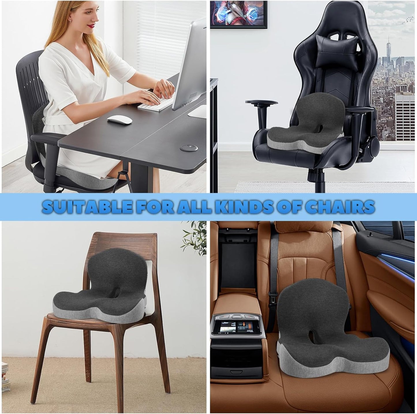 Buttocks Cushion for Office Chair Memory Foam Seat Pad for Butt Support Tailbone Relief Ergonomic Chair Cushion for Home Car Travel or Work (Blue and Gray Patchwork Color)