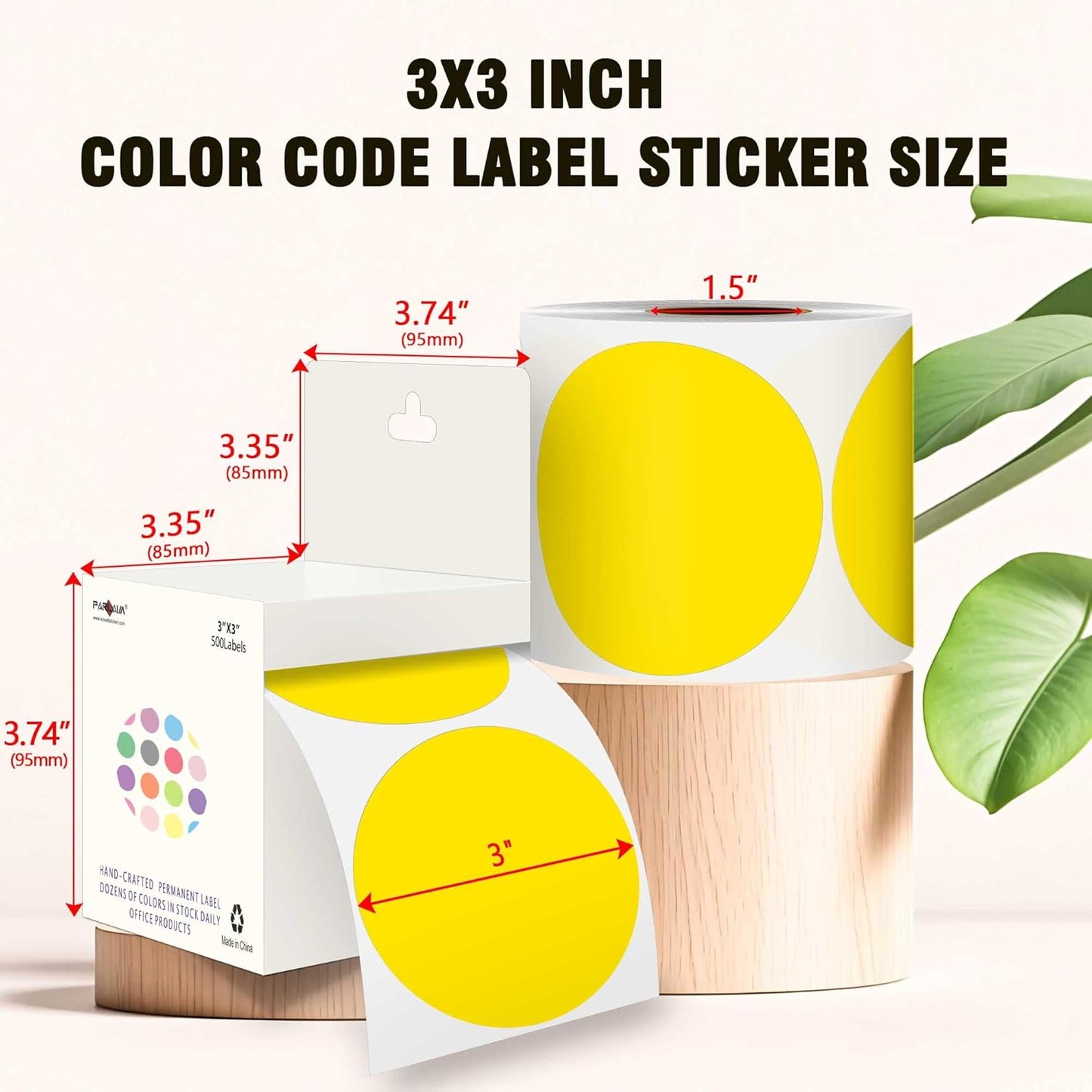 PARLAIM 3”Color Coding Labels Stickers,4Rolls/2000per Dispenser Box Round Adhesive Circle Dot Stickers for Inventory Office Home(Yellow)