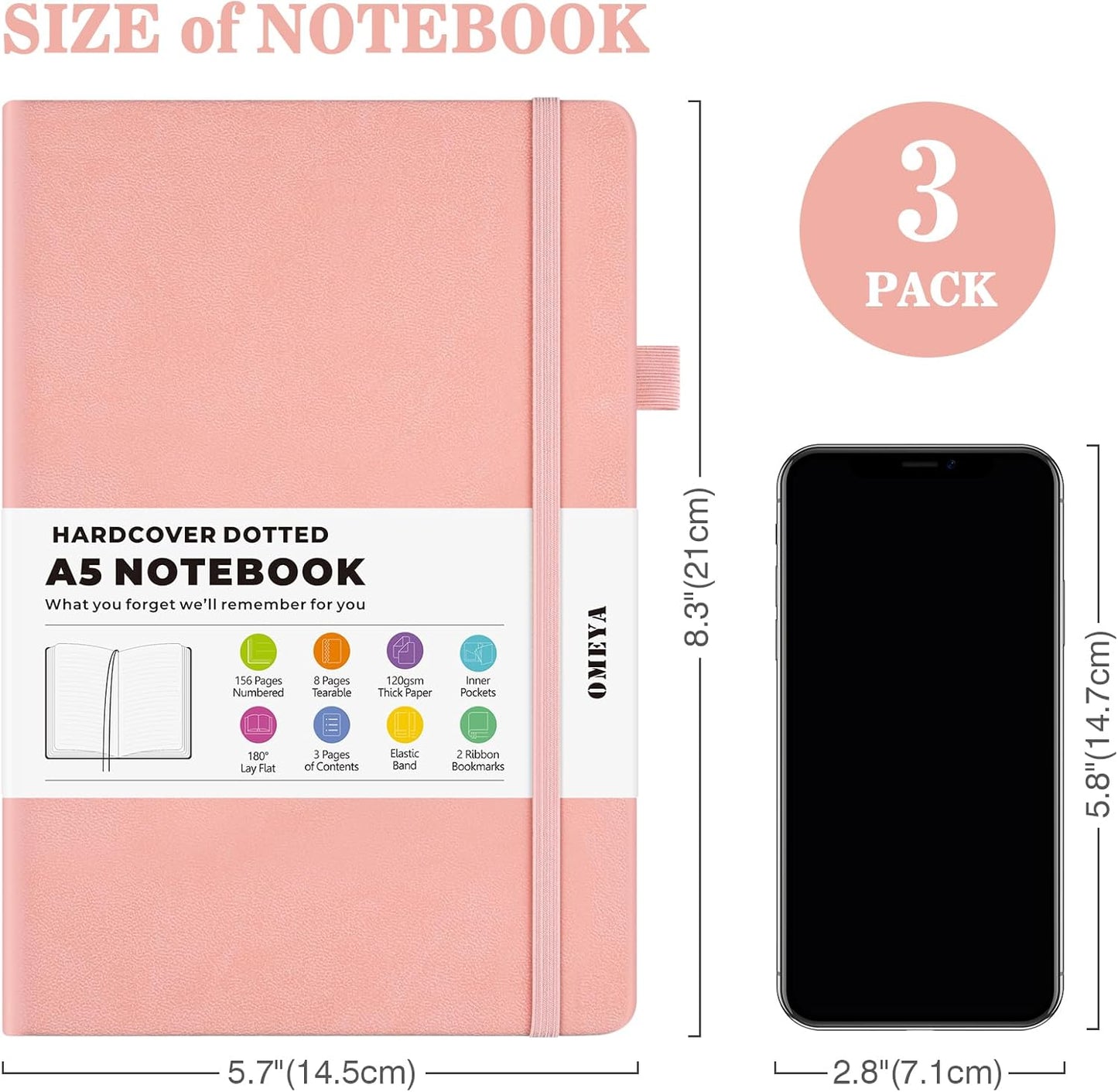 Dotted Journal Notebook 3 Pack, A5 Hardcover Notebook with 120gsm Thick Dotted Paper, Leather Journals for Women, Men, Dot Grid Notebook Journal for Writing, Notebooks for Work, School, 5.75" × 8.38"