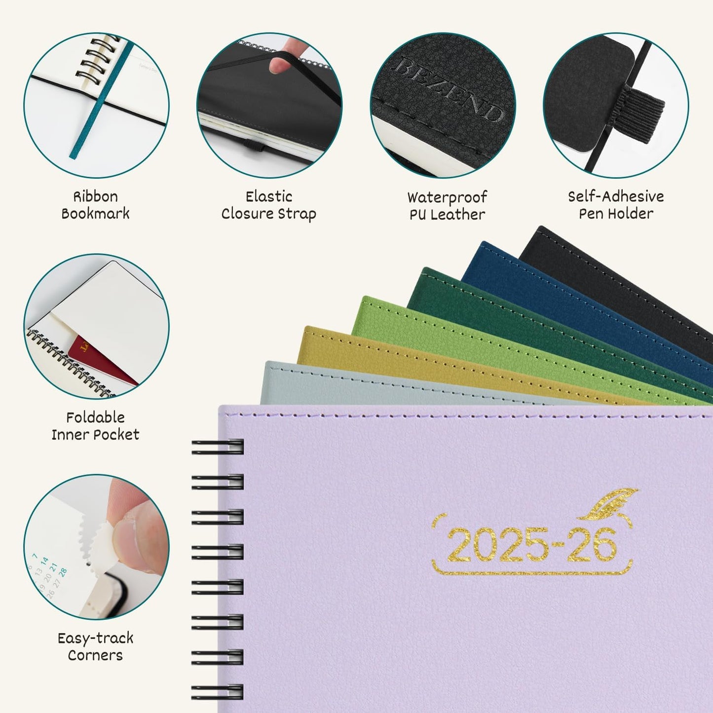 BEZEND Pocket Planner 2025-2026 Weekly with 2 Columns, 18-Month Academic Calendar (Jul 25-Dec 26), Life Work App., Storage Pocket, Pen Holder, PU Leather Softcover 3.5" x 6" Spiral - Dutch Blue